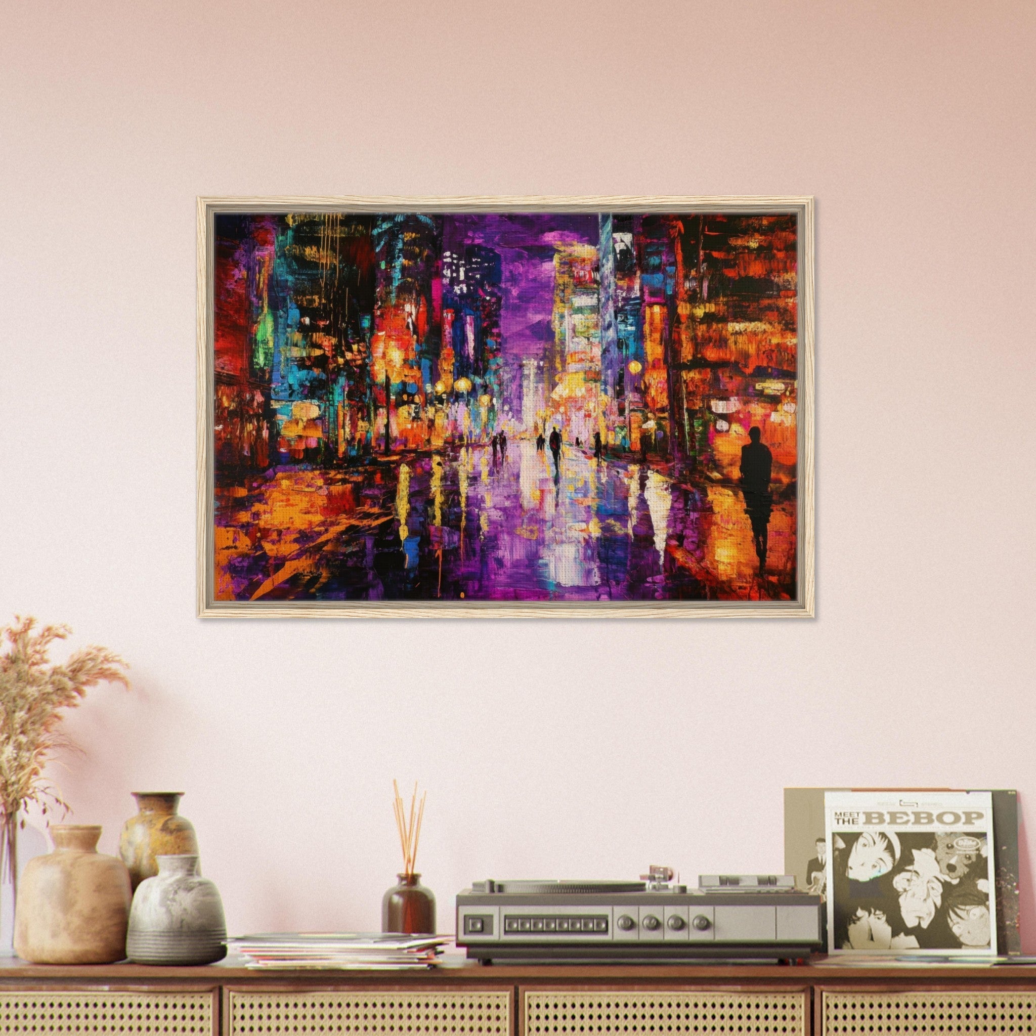Framed Canvas Landscape - A cityscape bathed in the dim glow of streetligh - Shop Ai Art WebShop - Digital Art online Store