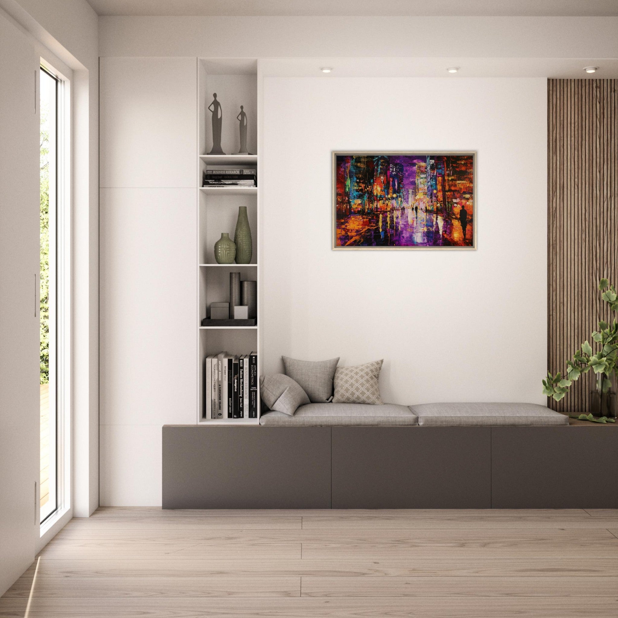 Framed Canvas Landscape - A cityscape bathed in the dim glow of streetligh - Shop Ai Art WebShop - Digital Art online Store