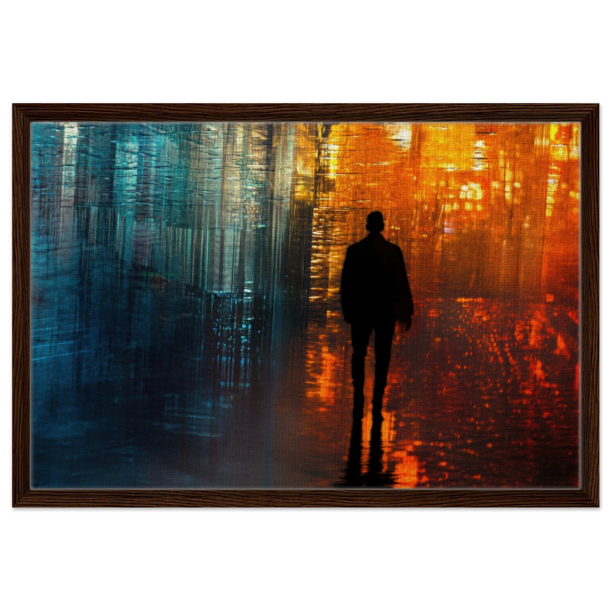 Framed Canvas Landscape - A lonely figure walks the rain - drenched streets - Shop Ai Art WebShop - Digital Art online Store