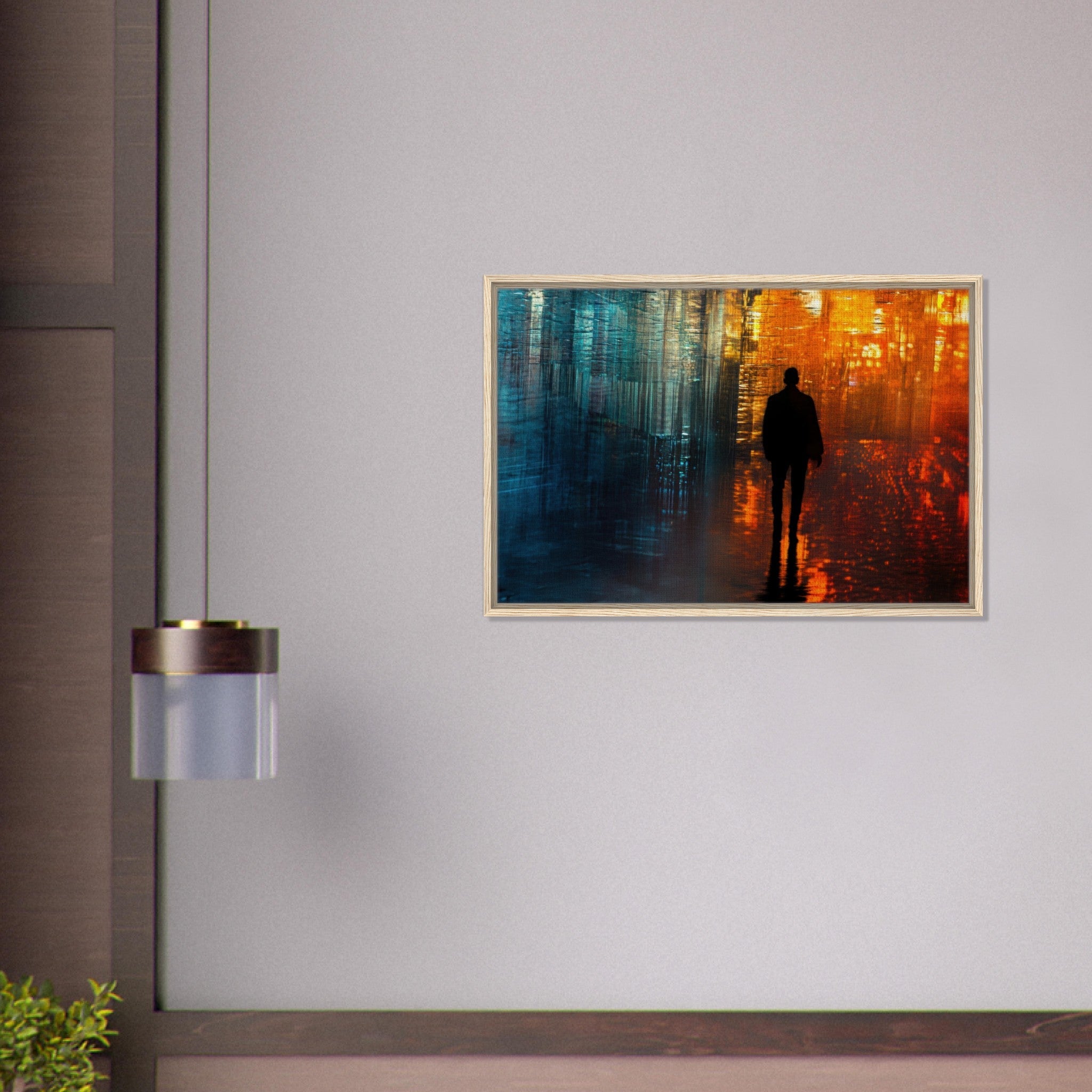 Framed Canvas Landscape - A lonely figure walks the rain - drenched streets - Shop Ai Art WebShop - Digital Art online Store