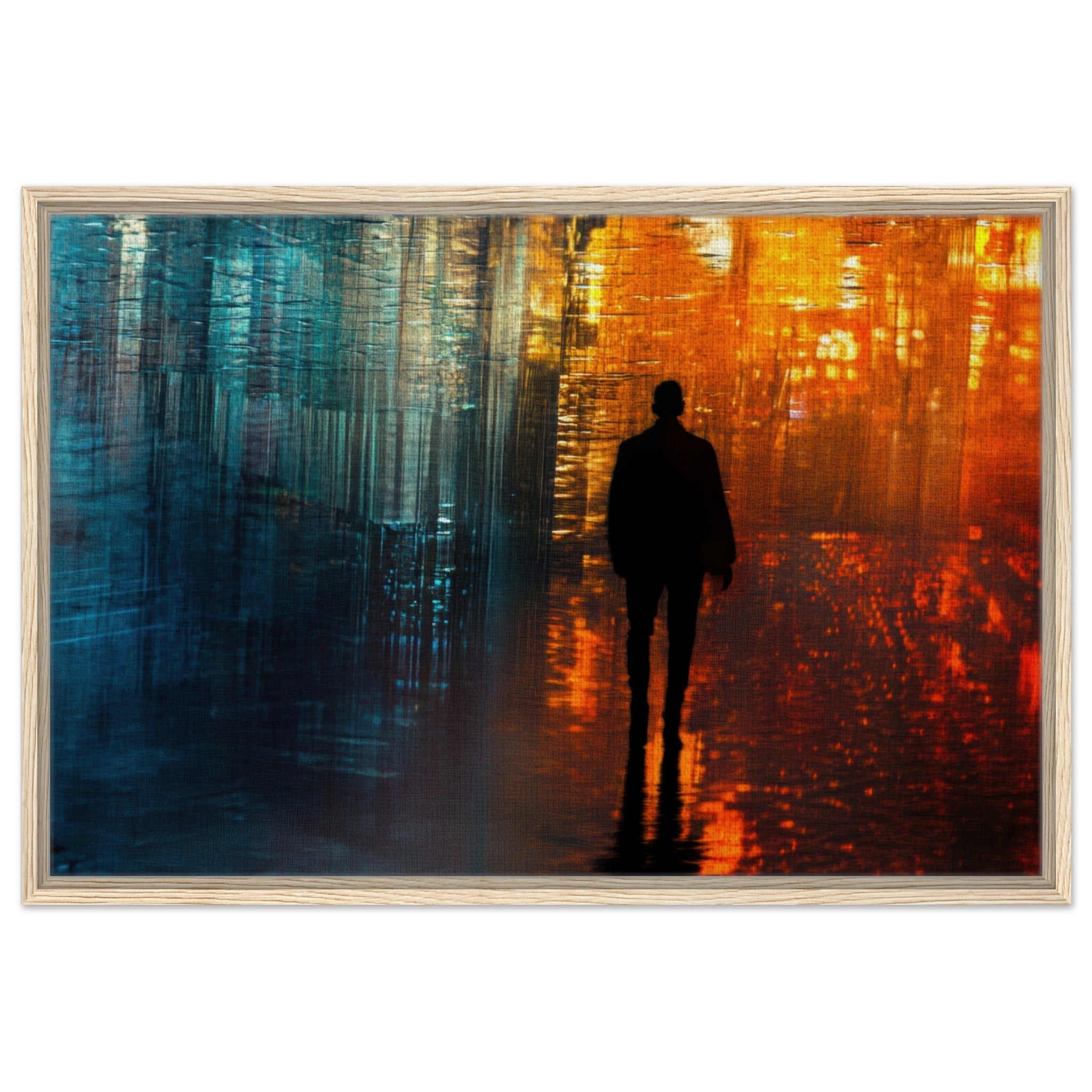Framed Canvas Landscape - A lonely figure walks the rain - drenched streets - Shop Ai Art WebShop - Digital Art online Store