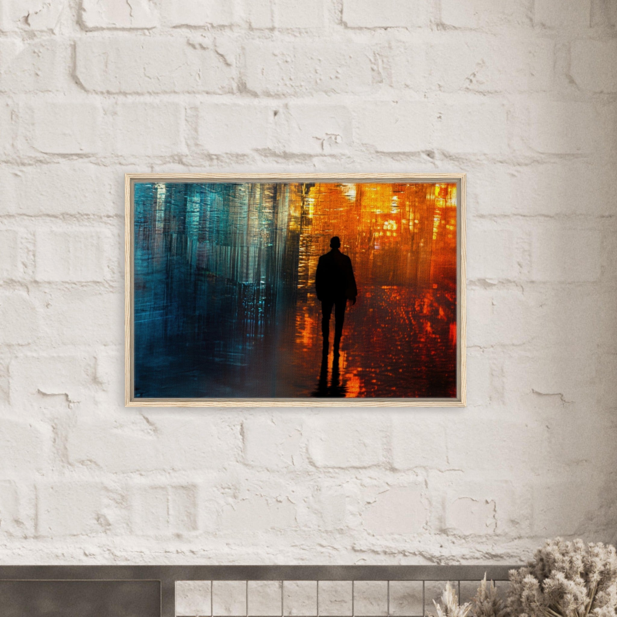Framed Canvas Landscape - A lonely figure walks the rain - drenched streets - Shop Ai Art WebShop - Digital Art online Store