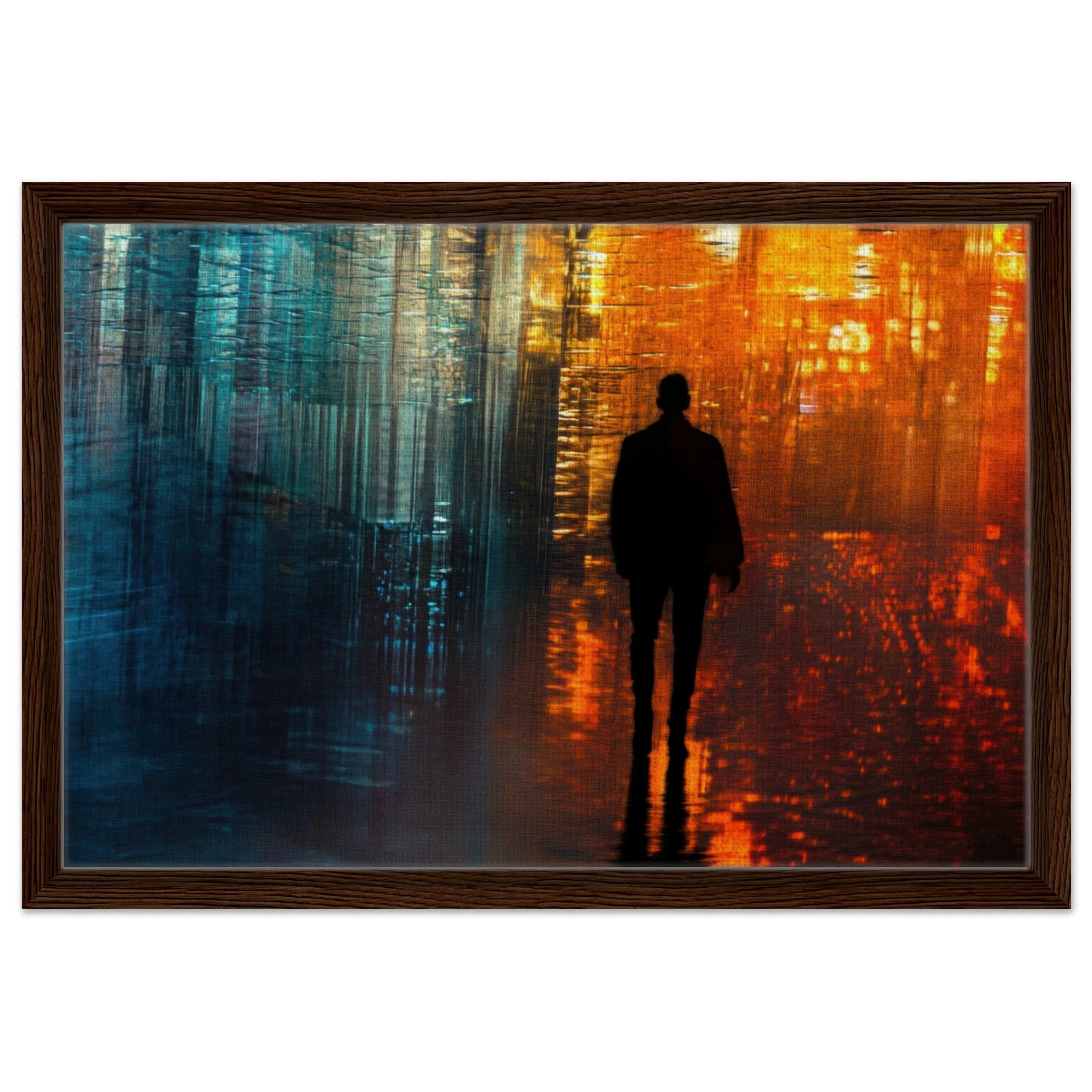Framed Canvas Landscape - A lonely figure walks the rain - drenched streets - Shop Ai Art WebShop - Digital Art online Store