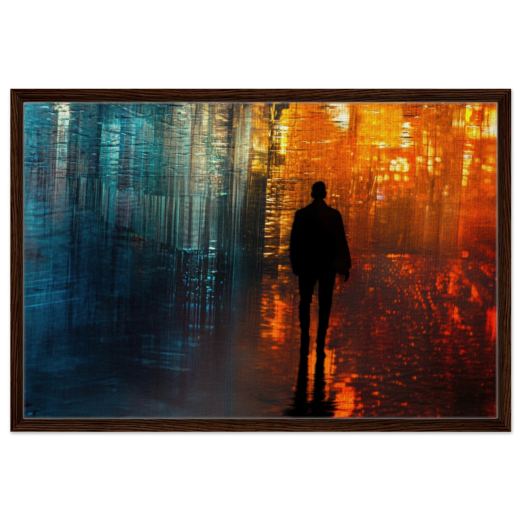 Framed Canvas Landscape - A lonely figure walks the rain - drenched streets - Shop Ai Art WebShop - Digital Art online Store