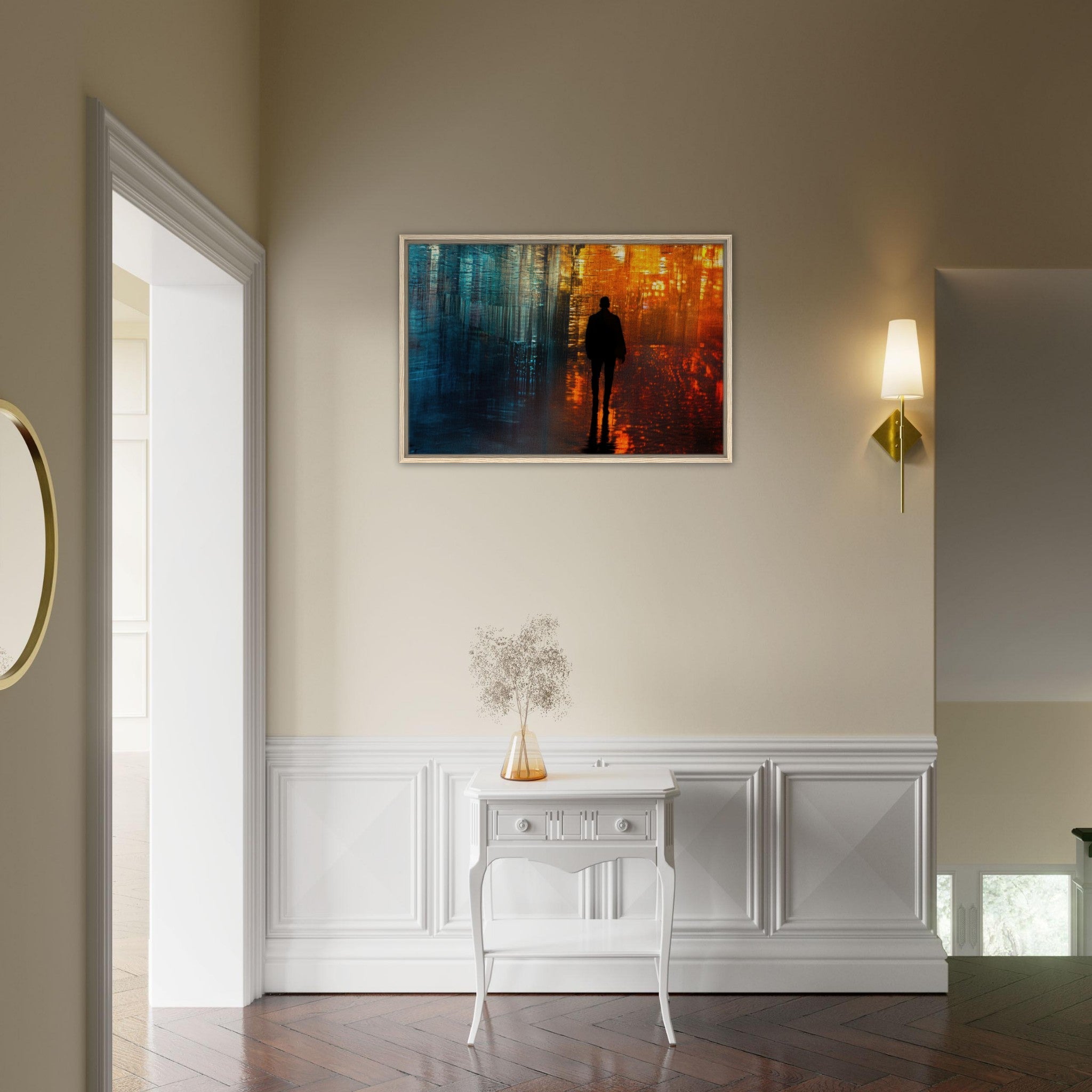 Framed Canvas Landscape - A lonely figure walks the rain - drenched streets - Shop Ai Art WebShop - Digital Art online Store