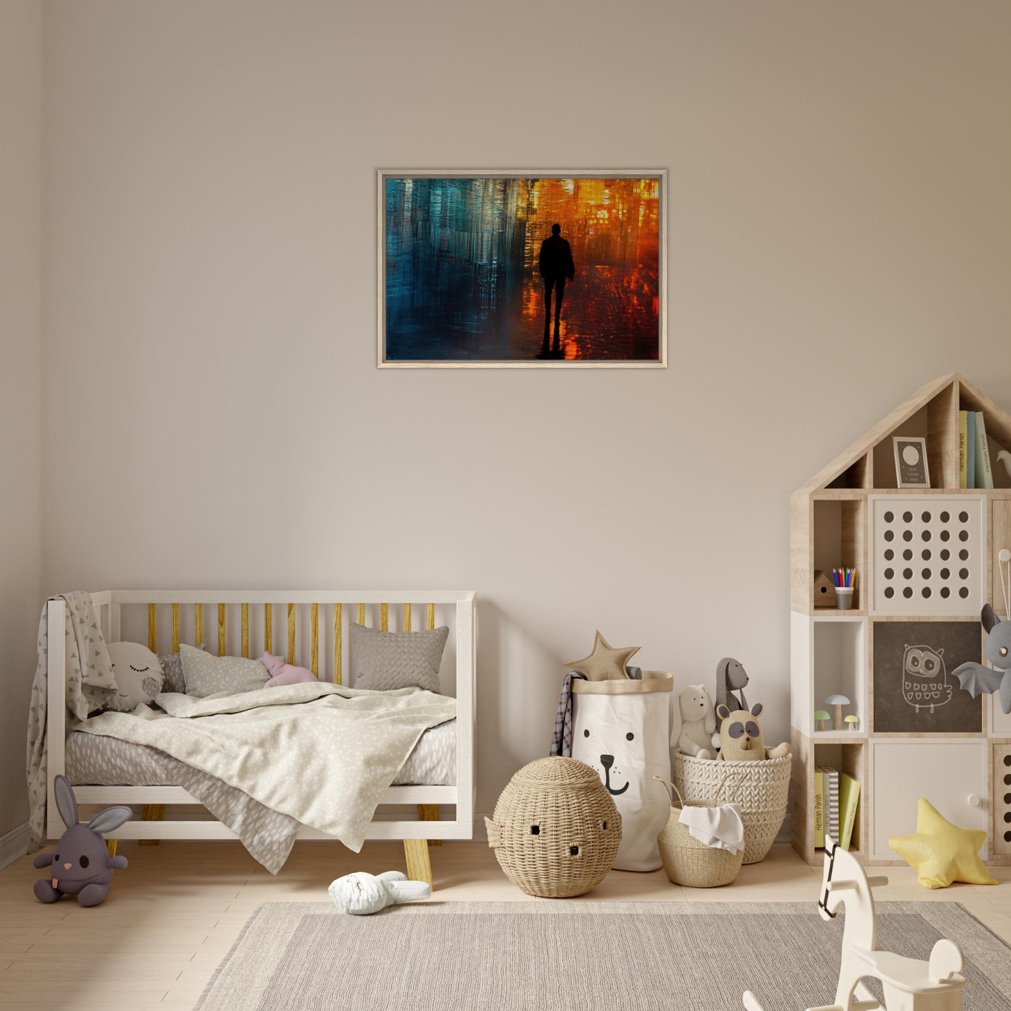 Framed Canvas Landscape - A lonely figure walks the rain - drenched streets - Shop Ai Art WebShop - Digital Art online Store