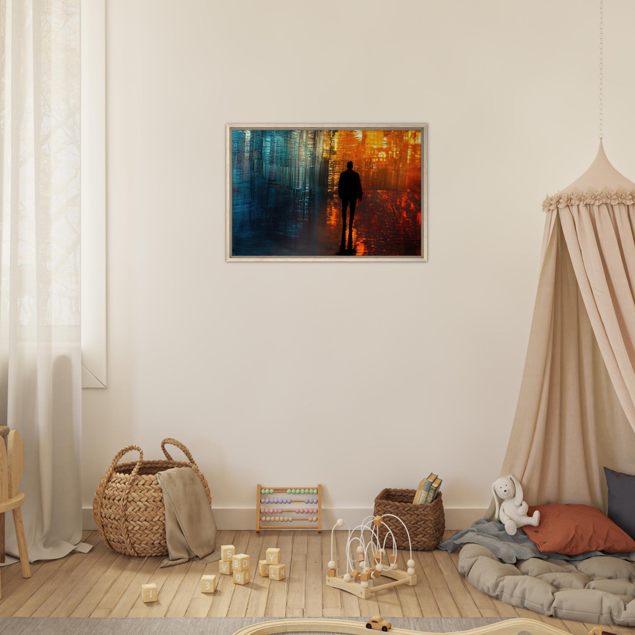 Framed Canvas Landscape - A lonely figure walks the rain - drenched streets - Shop Ai Art WebShop - Digital Art online Store