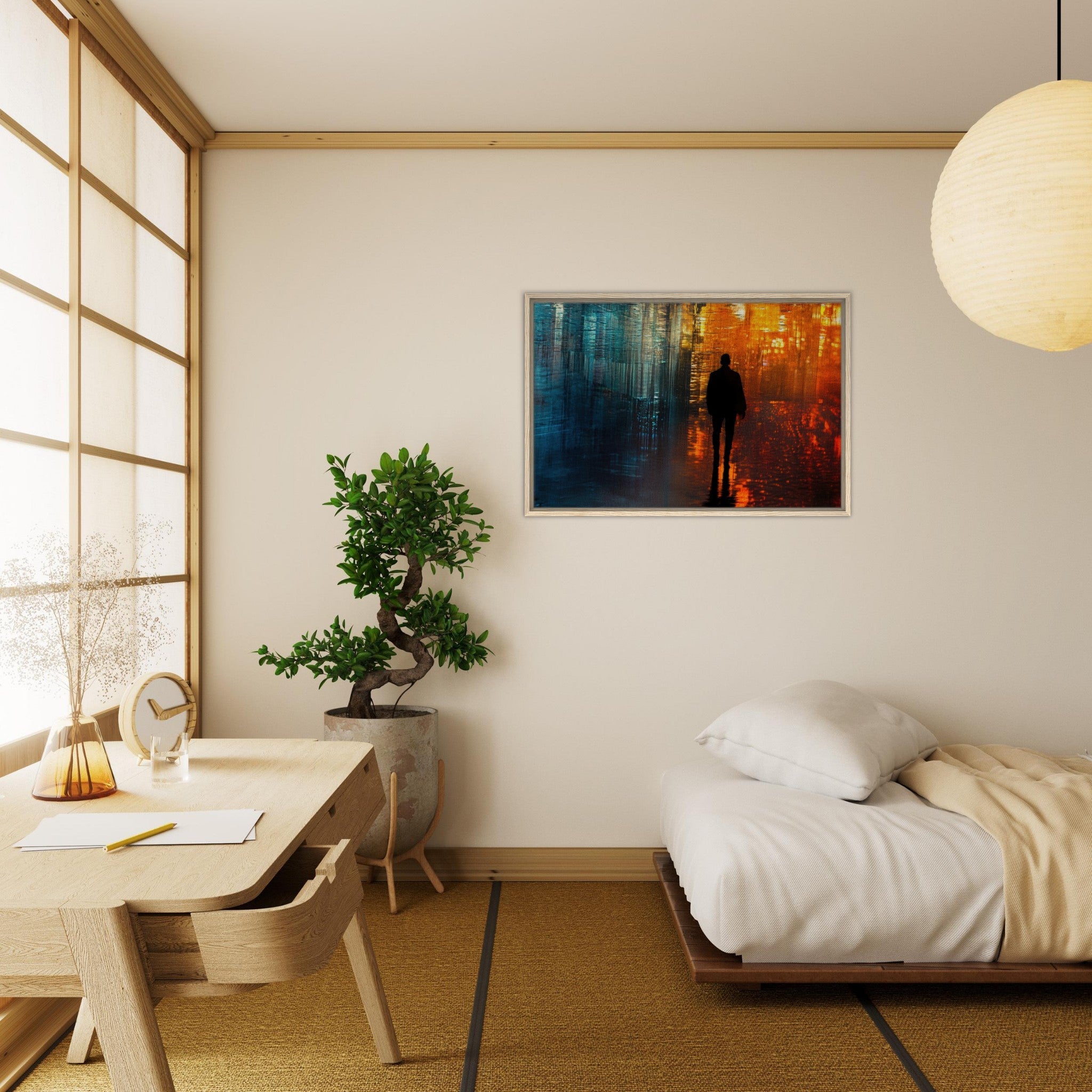 Framed Canvas Landscape - A lonely figure walks the rain - drenched streets - Shop Ai Art WebShop - Digital Art online Store