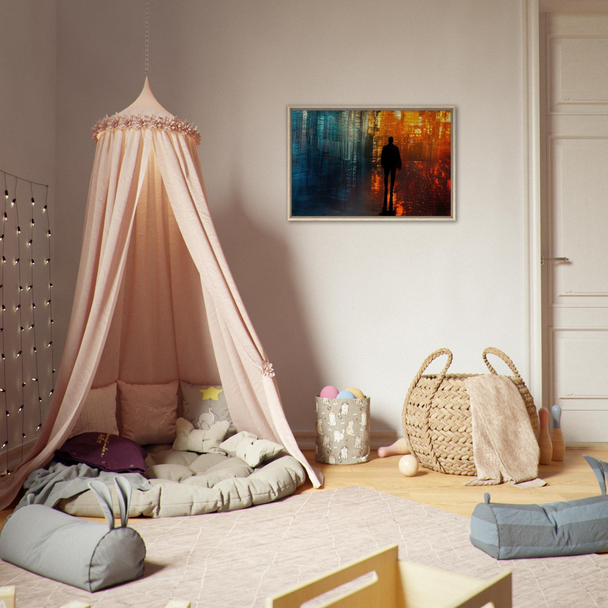 Framed Canvas Landscape - A lonely figure walks the rain - drenched streets - Shop Ai Art WebShop - Digital Art online Store