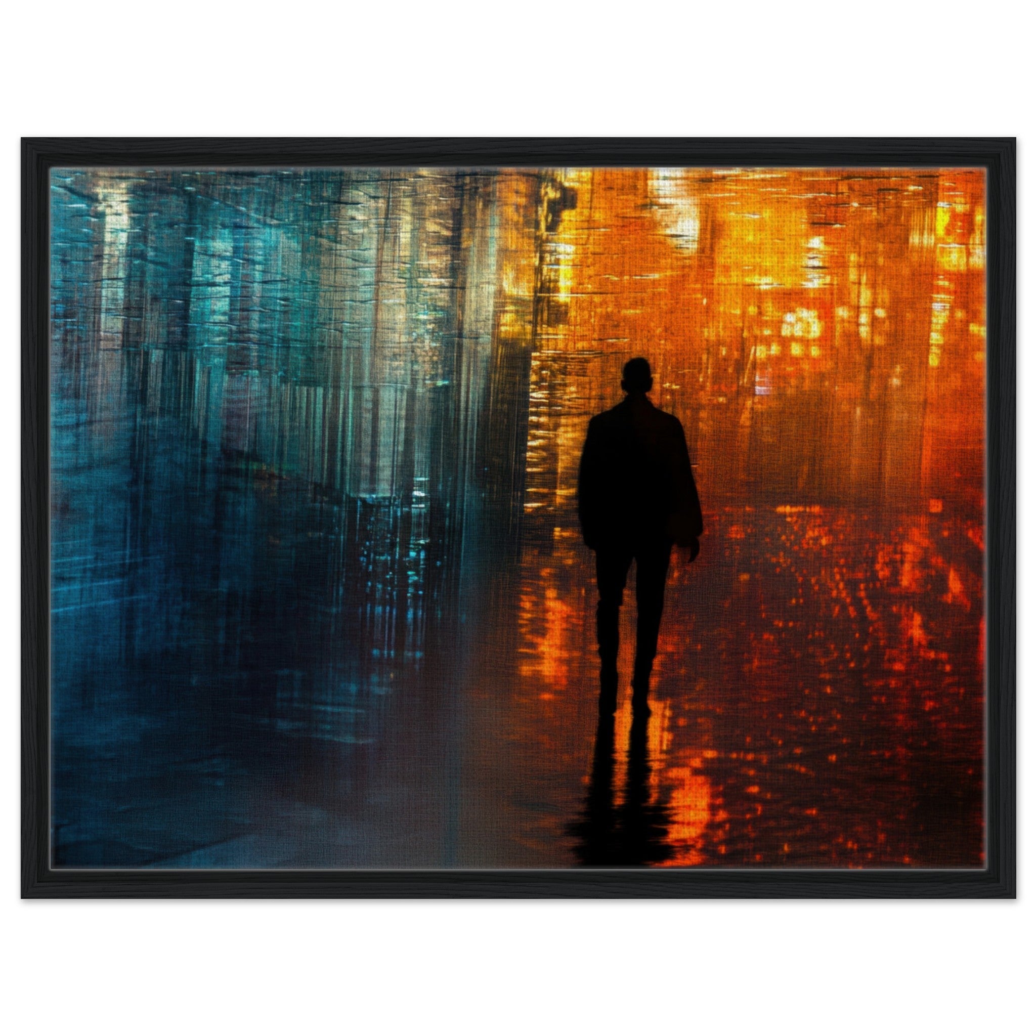 Framed Canvas Landscape - A lonely figure walks the rain - drenched streets - Shop Ai Art WebShop - Digital Art online Store