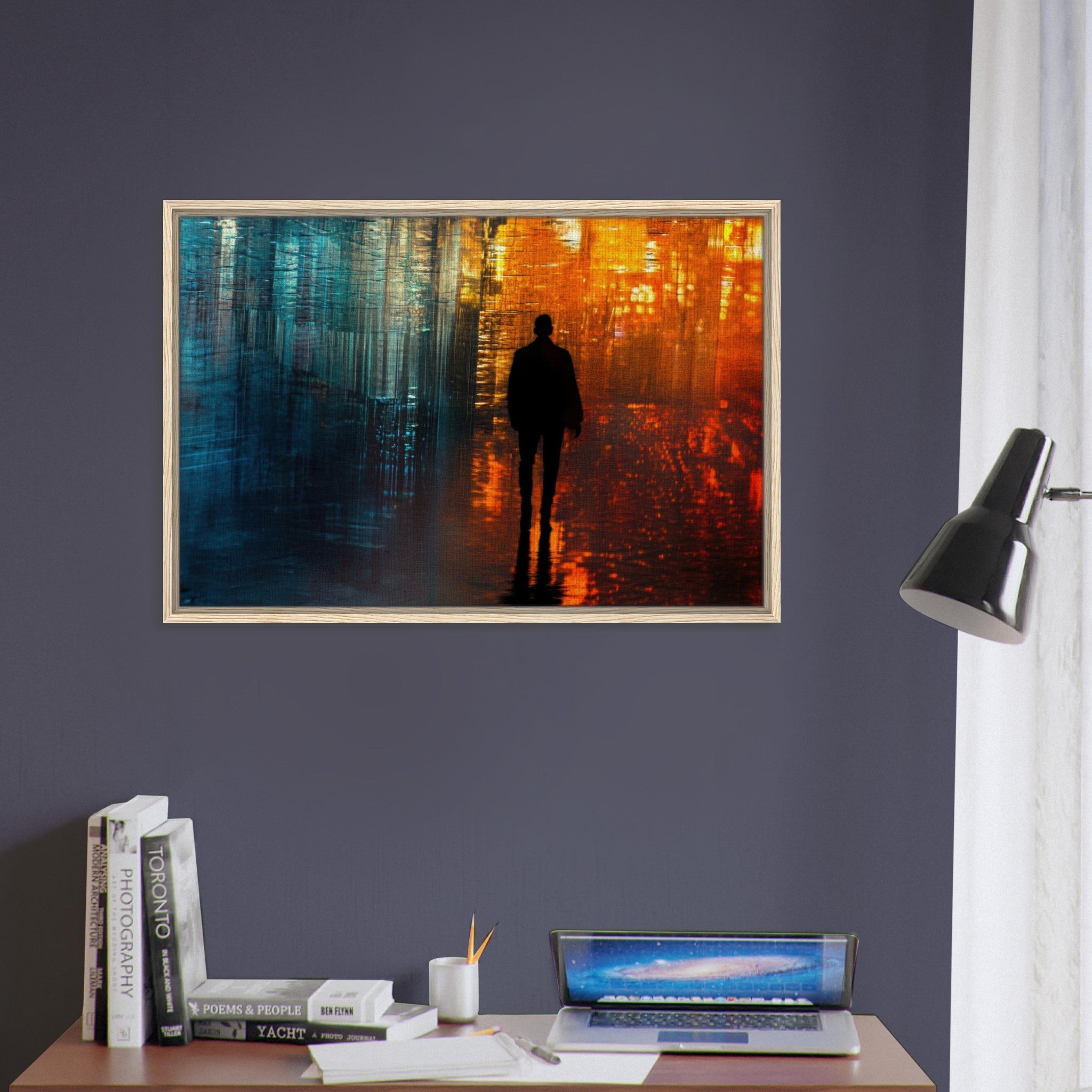 Framed Canvas Landscape - A lonely figure walks the rain - drenched streets - Shop Ai Art WebShop - Digital Art online Store
