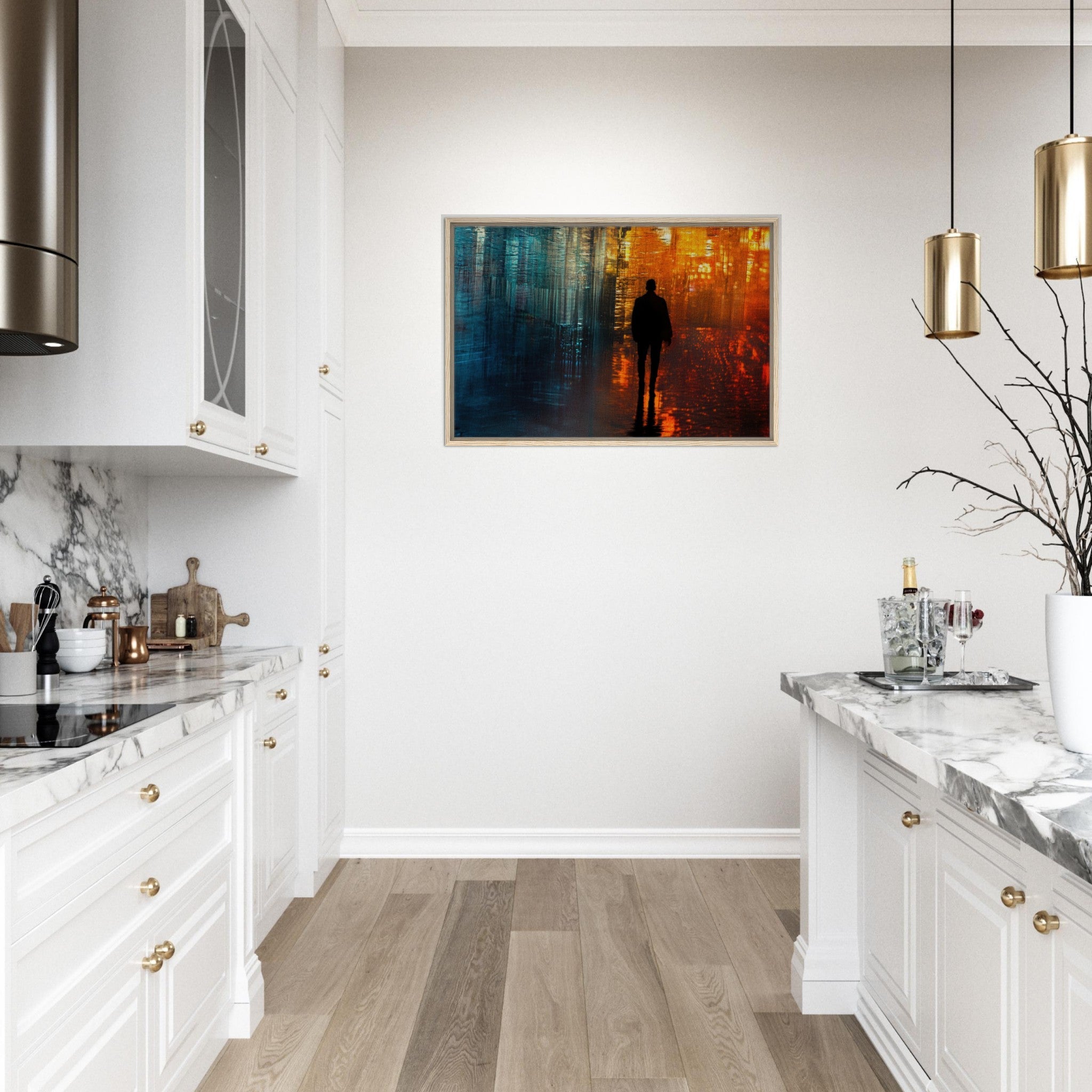 Framed Canvas Landscape - A lonely figure walks the rain - drenched streets - Shop Ai Art WebShop - Digital Art online Store