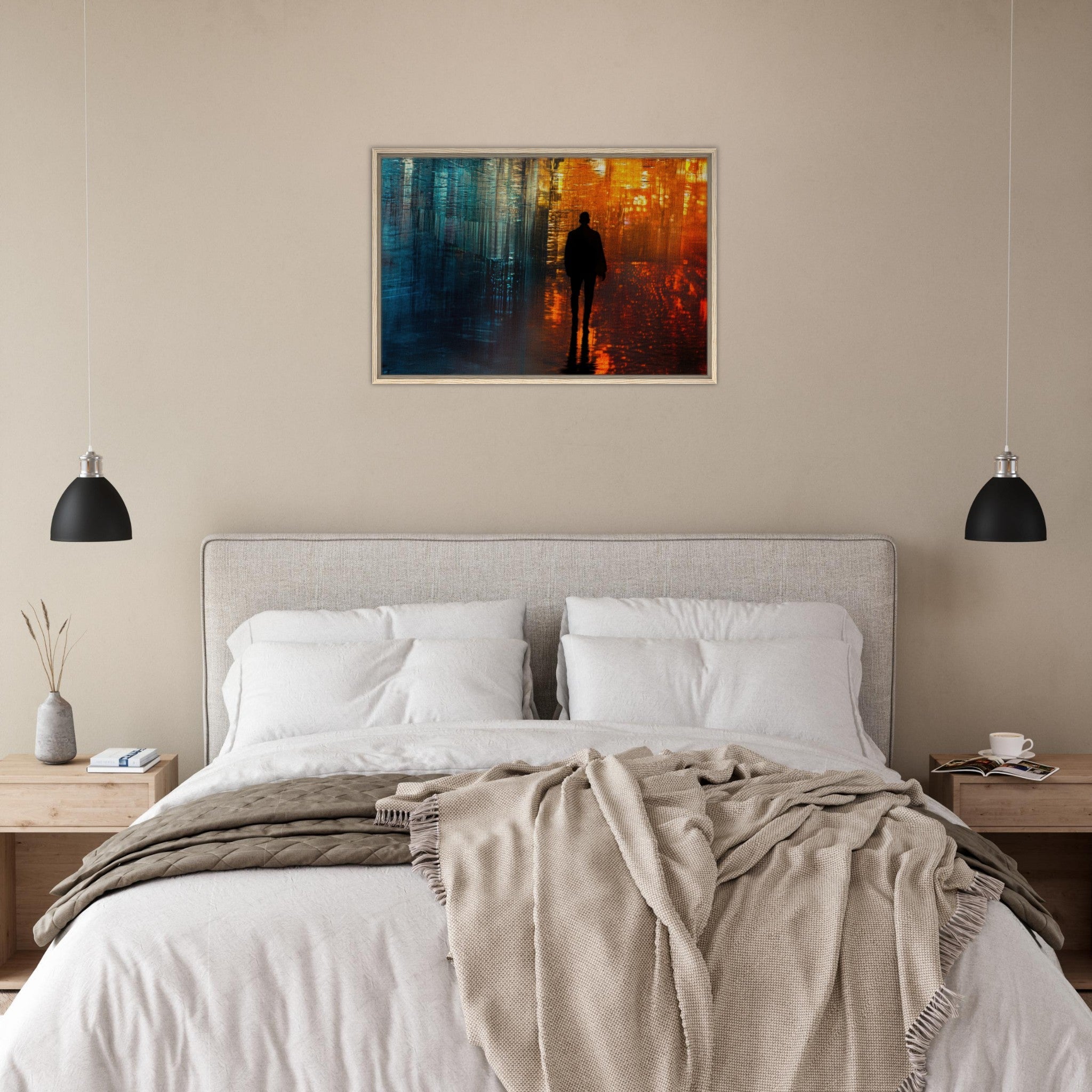 Framed Canvas Landscape - A lonely figure walks the rain - drenched streets - Shop Ai Art WebShop - Digital Art online Store