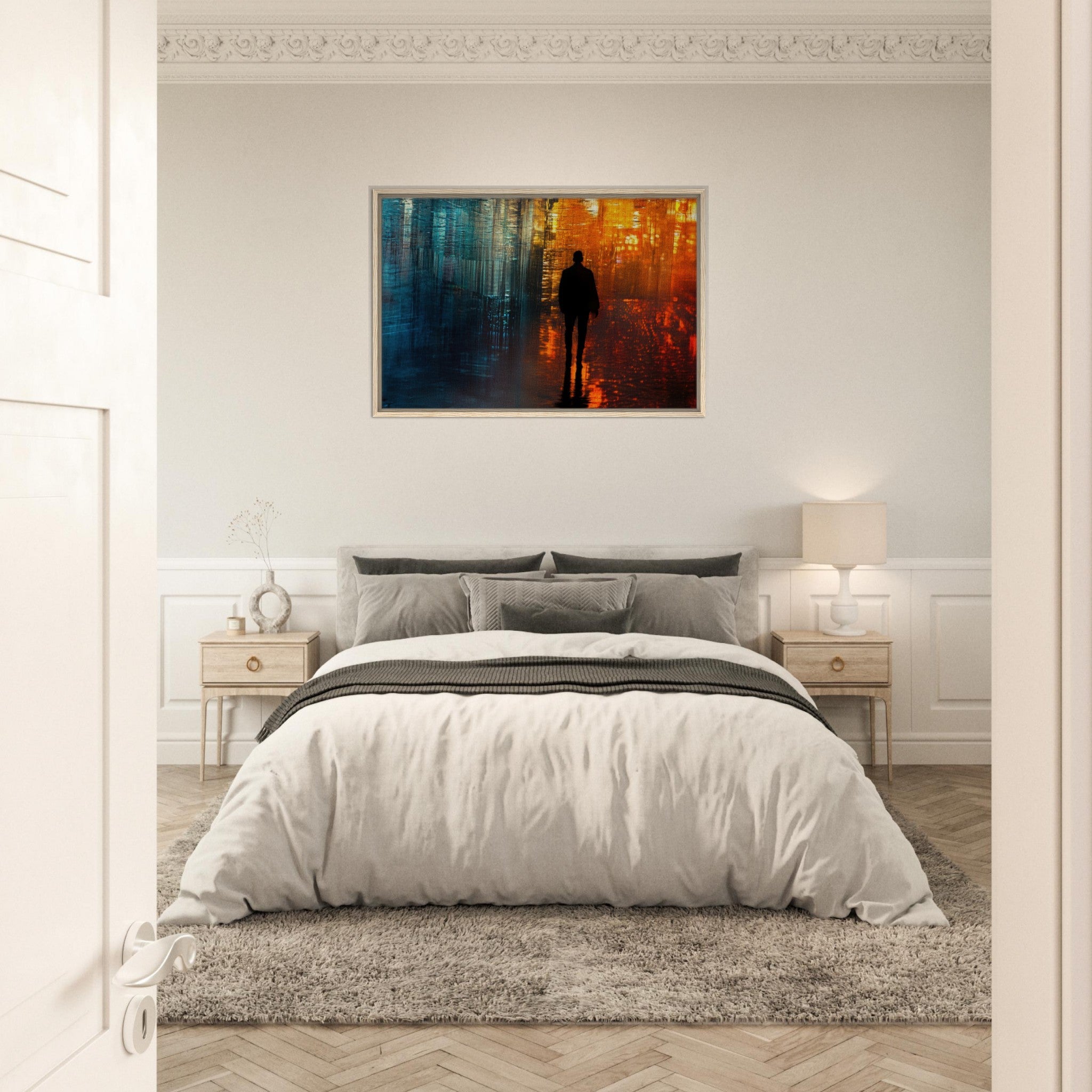 Framed Canvas Landscape - A lonely figure walks the rain - drenched streets - Shop Ai Art WebShop - Digital Art online Store