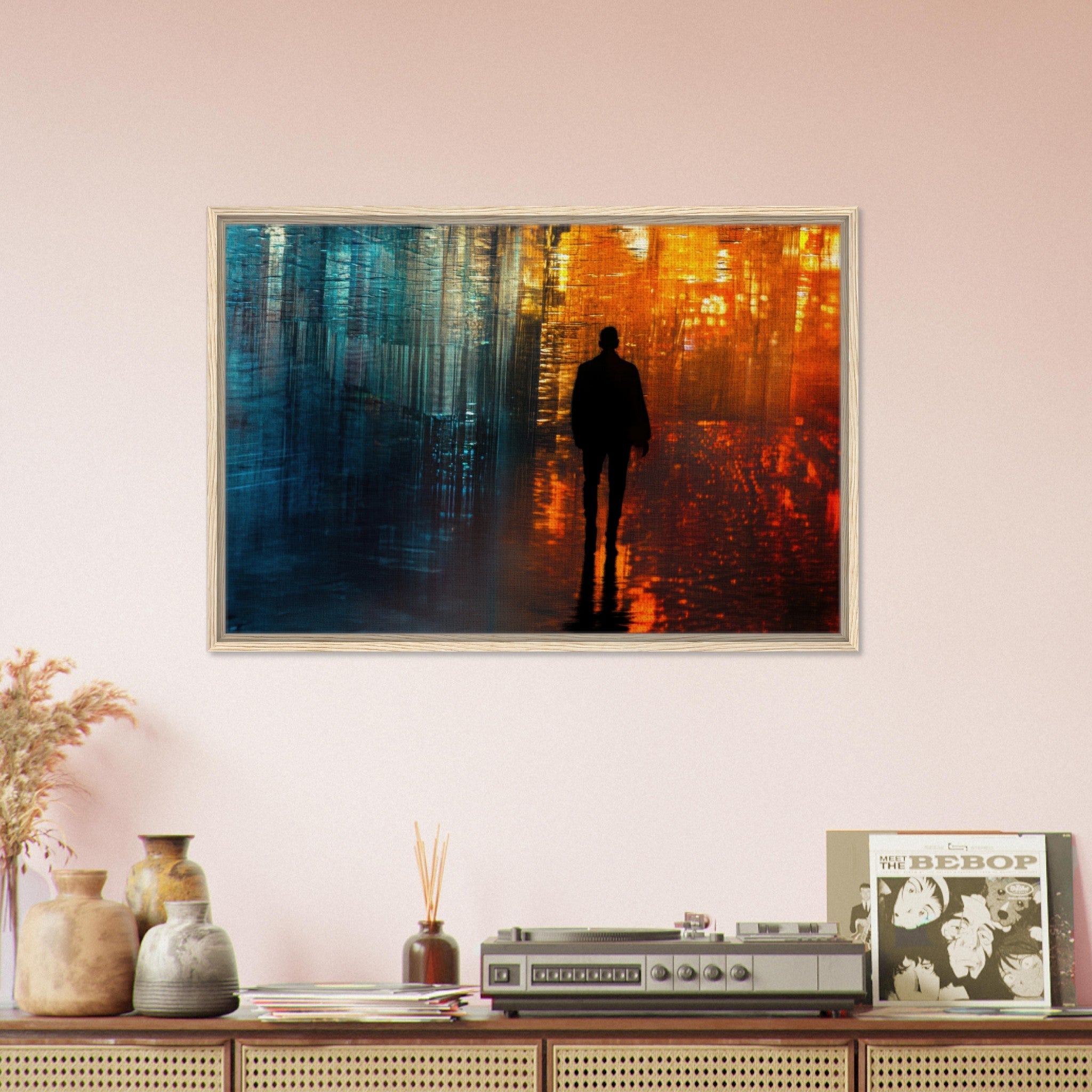 Framed Canvas Landscape - A lonely figure walks the rain - drenched streets - Shop Ai Art WebShop - Digital Art online Store