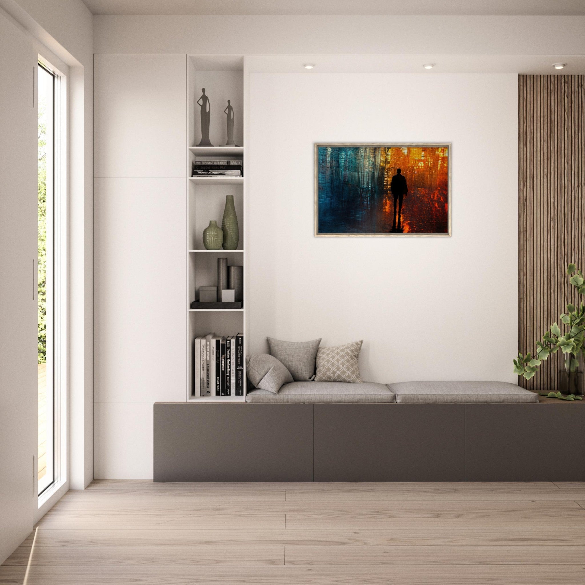 Framed Canvas Landscape - A lonely figure walks the rain - drenched streets - Shop Ai Art WebShop - Digital Art online Store