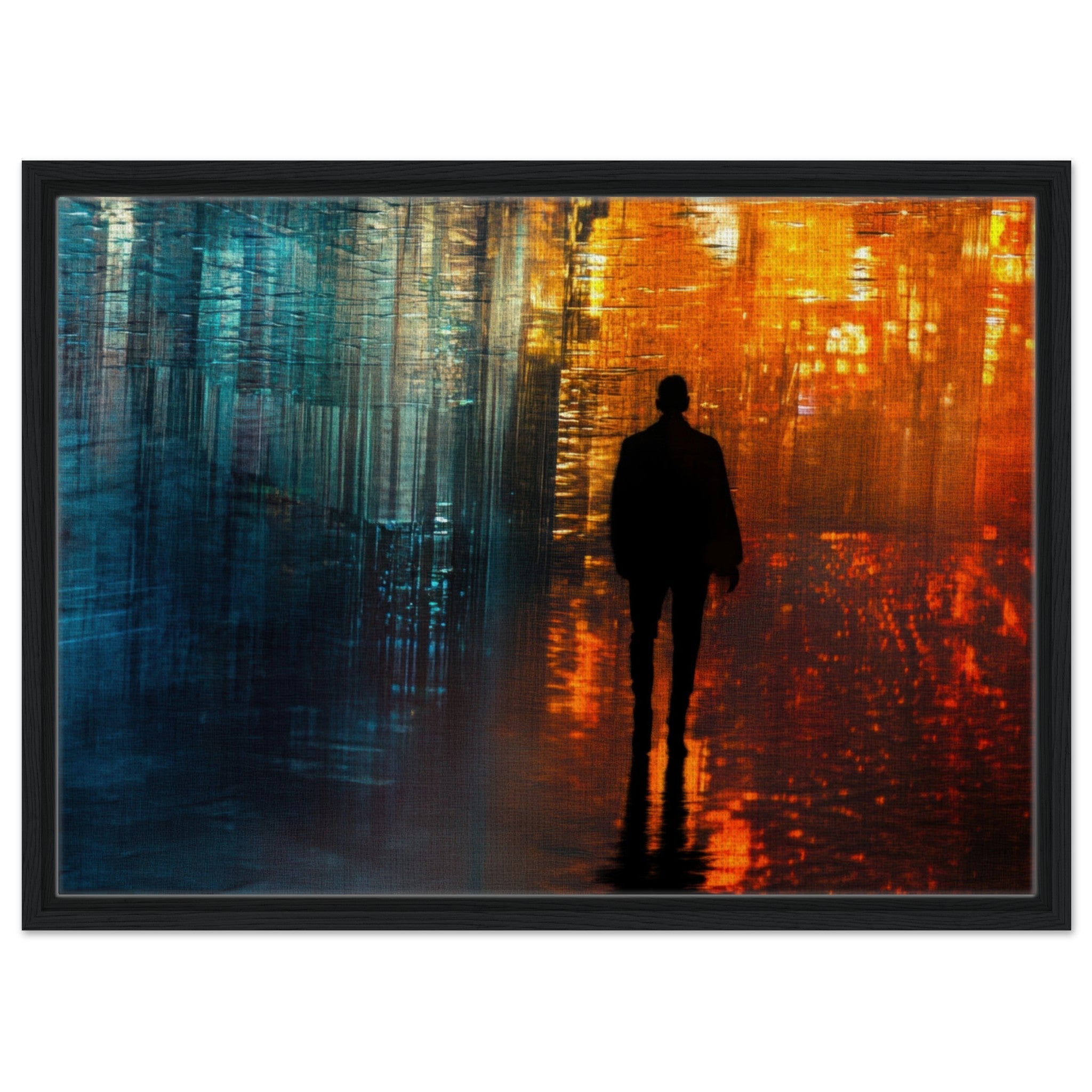 Framed Canvas Landscape - A lonely figure walks the rain - drenched streets - Shop Ai Art WebShop - Digital Art online Store