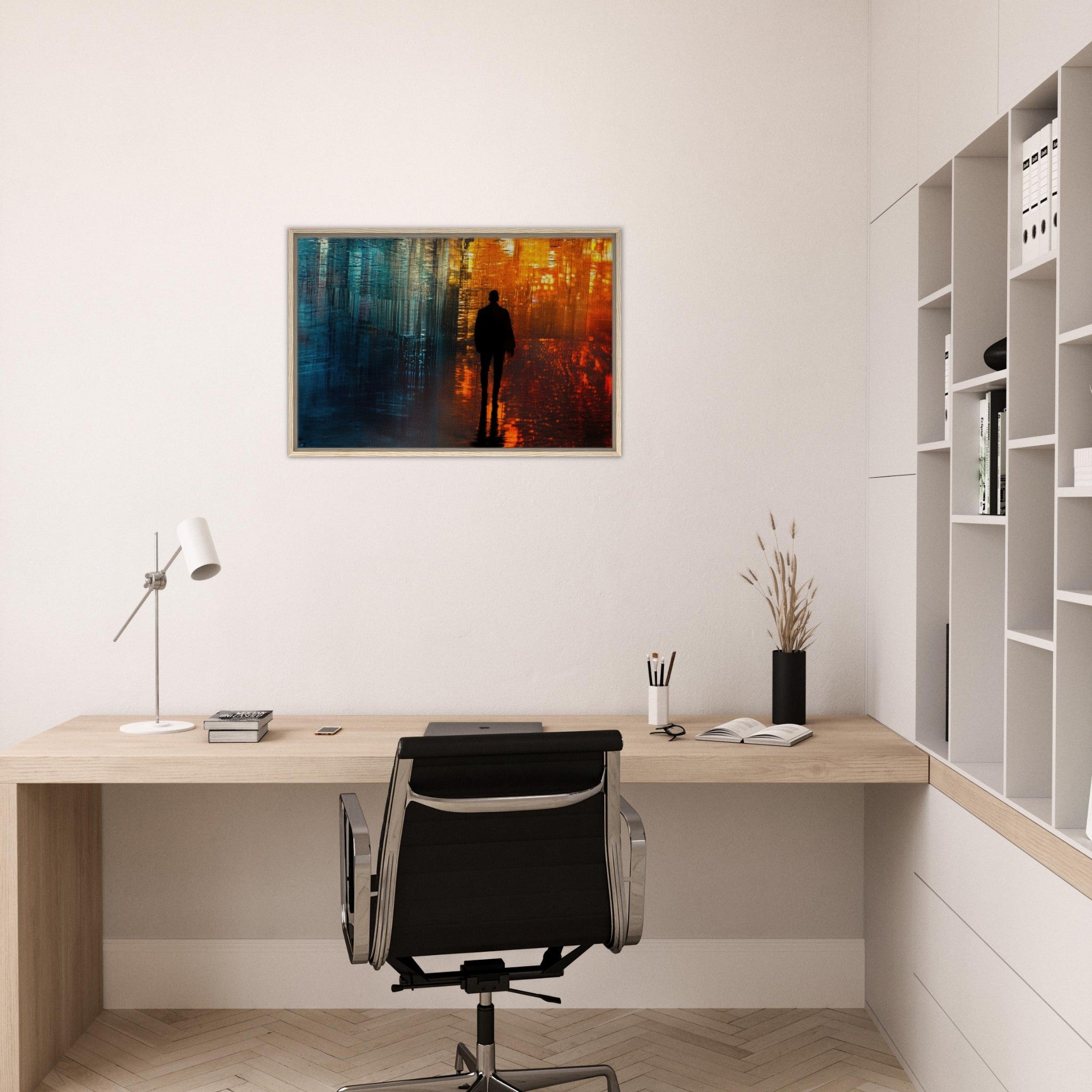 Framed Canvas Landscape - A lonely figure walks the rain - drenched streets - Shop Ai Art WebShop - Digital Art online Store