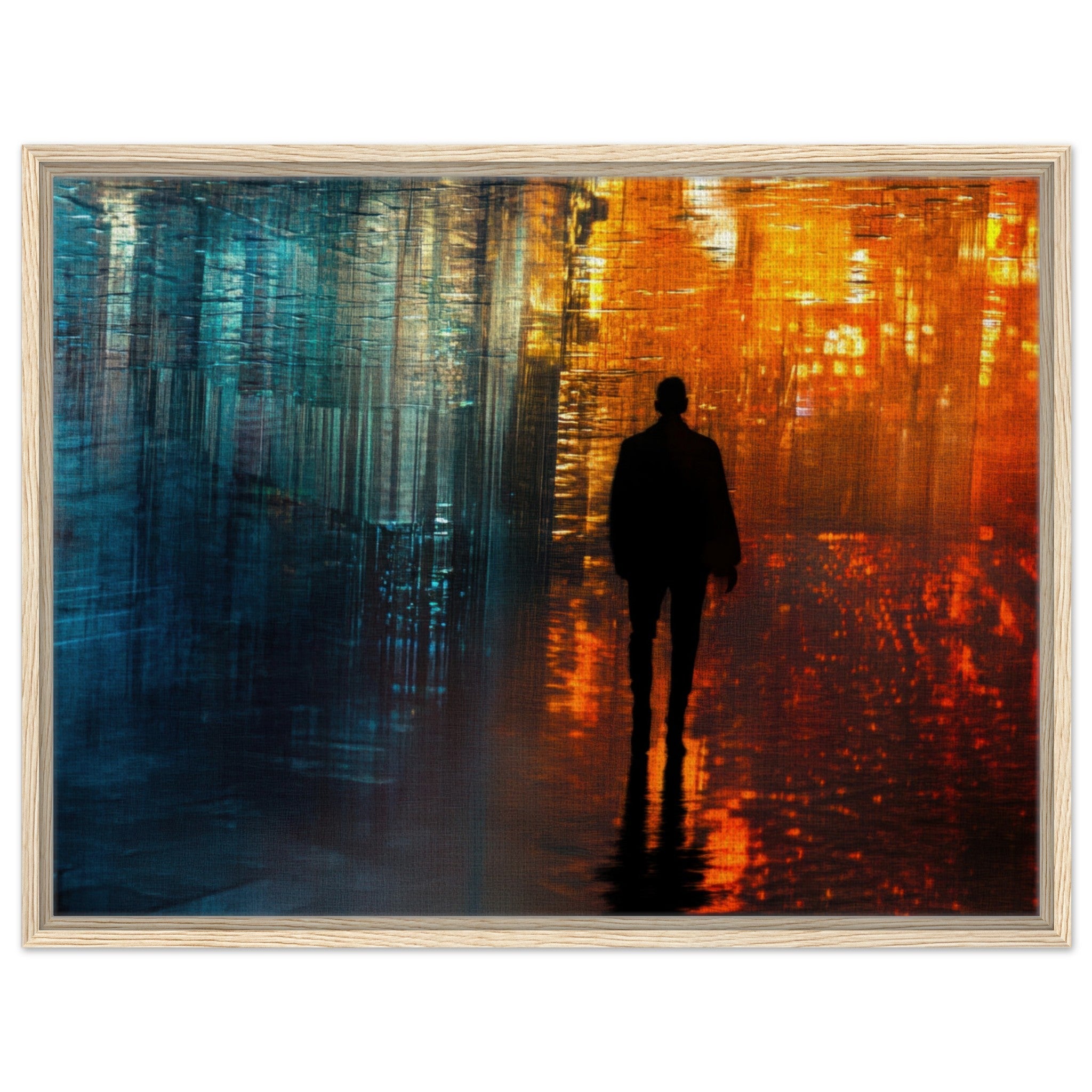 Framed Canvas Landscape - A lonely figure walks the rain - drenched streets - Shop Ai Art WebShop - Digital Art online Store