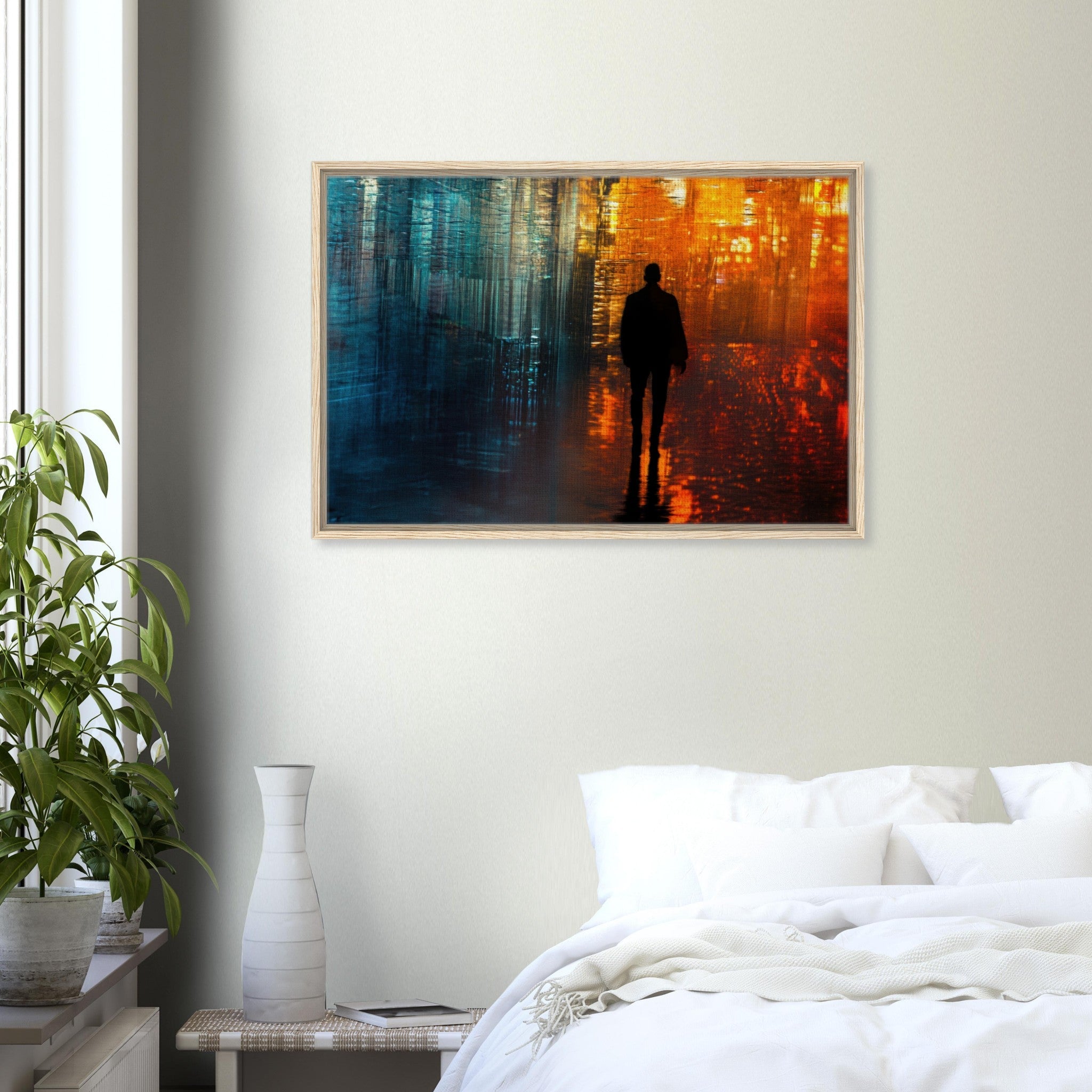 Framed Canvas Landscape - A lonely figure walks the rain - drenched streets - Shop Ai Art WebShop - Digital Art online Store