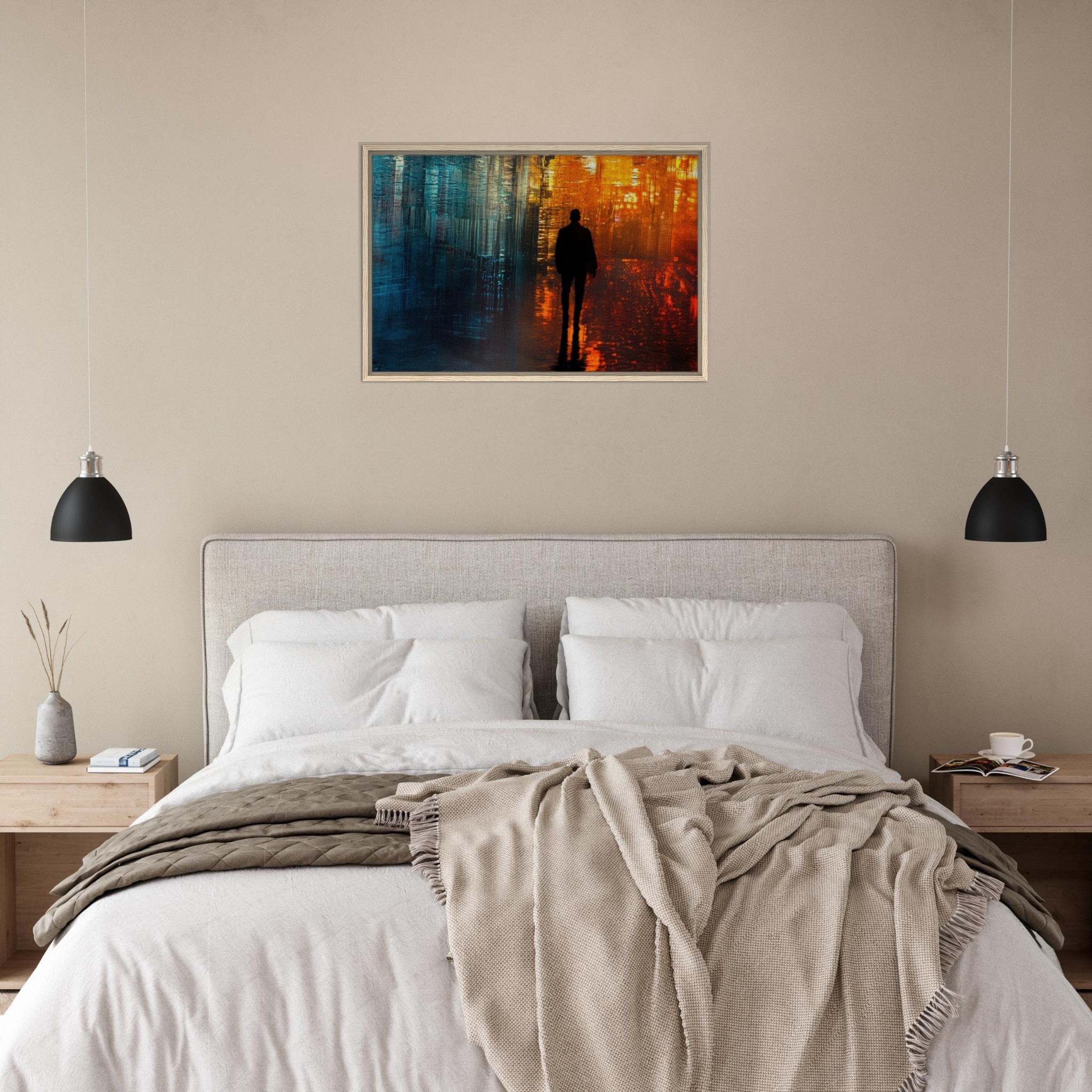 Framed Canvas Landscape - A lonely figure walks the rain - drenched streets - Shop Ai Art WebShop - Digital Art online Store