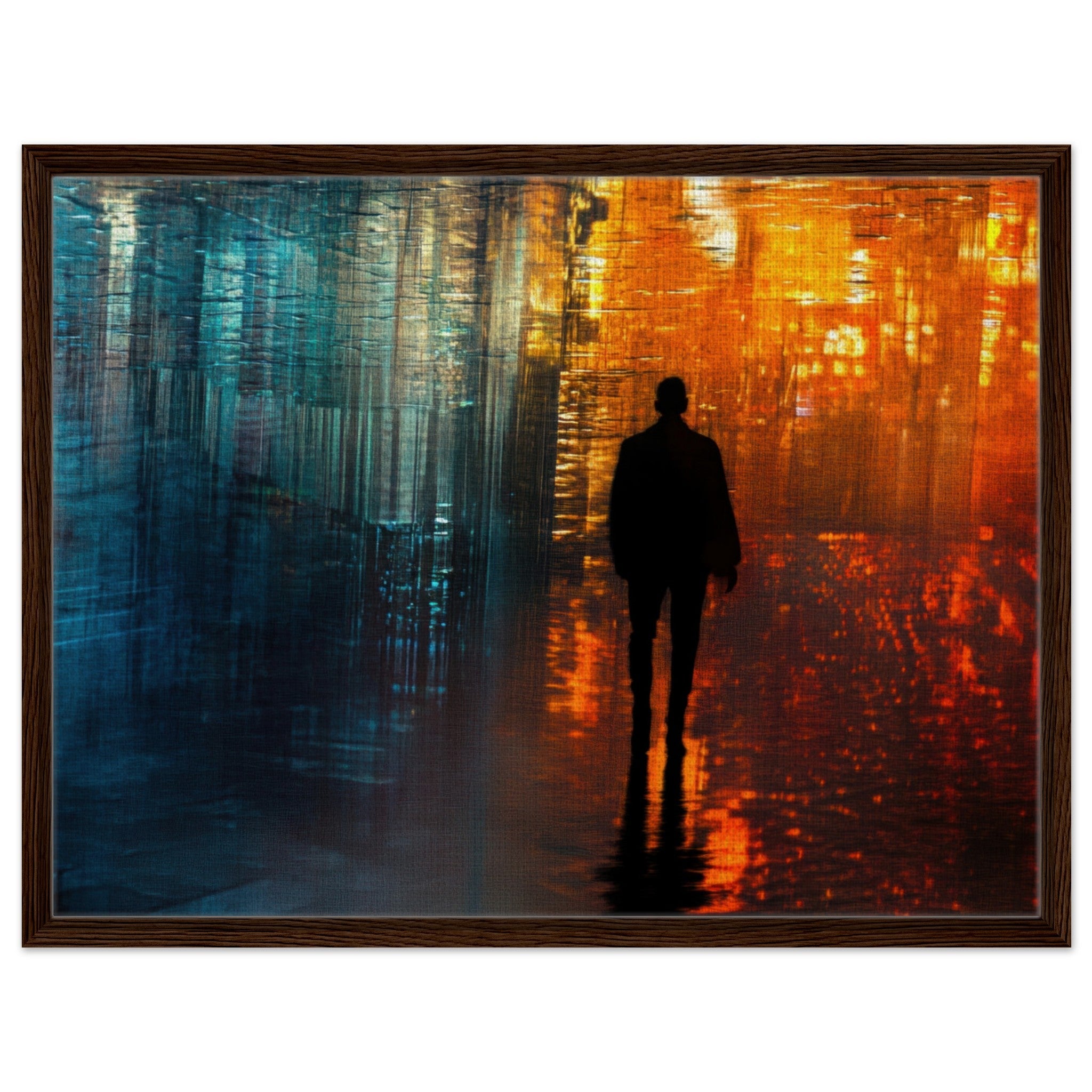 Framed Canvas Landscape - A lonely figure walks the rain - drenched streets - Shop Ai Art WebShop - Digital Art online Store