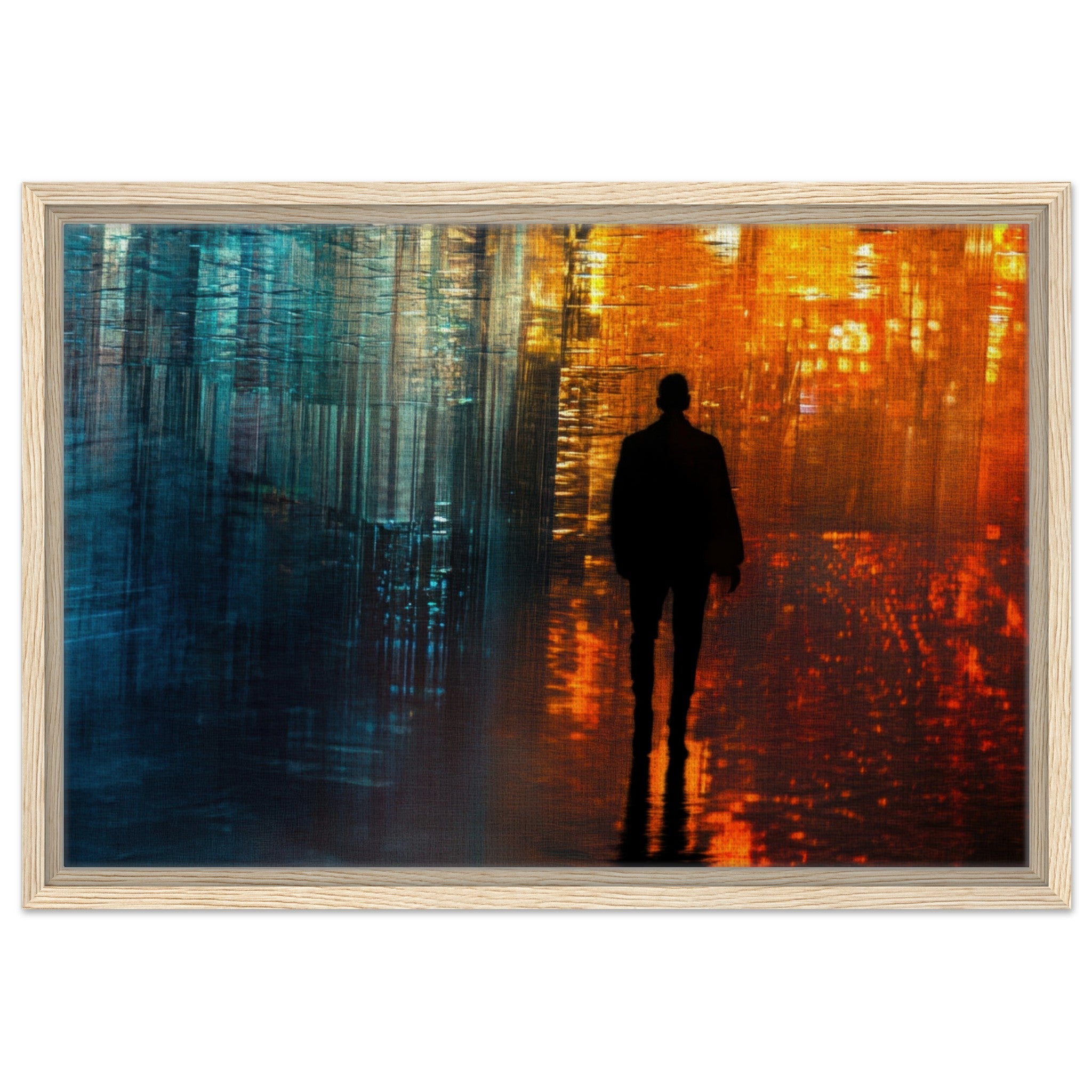 Framed Canvas Landscape - A lonely figure walks the rain - drenched streets - Shop Ai Art WebShop - Digital Art online Store
