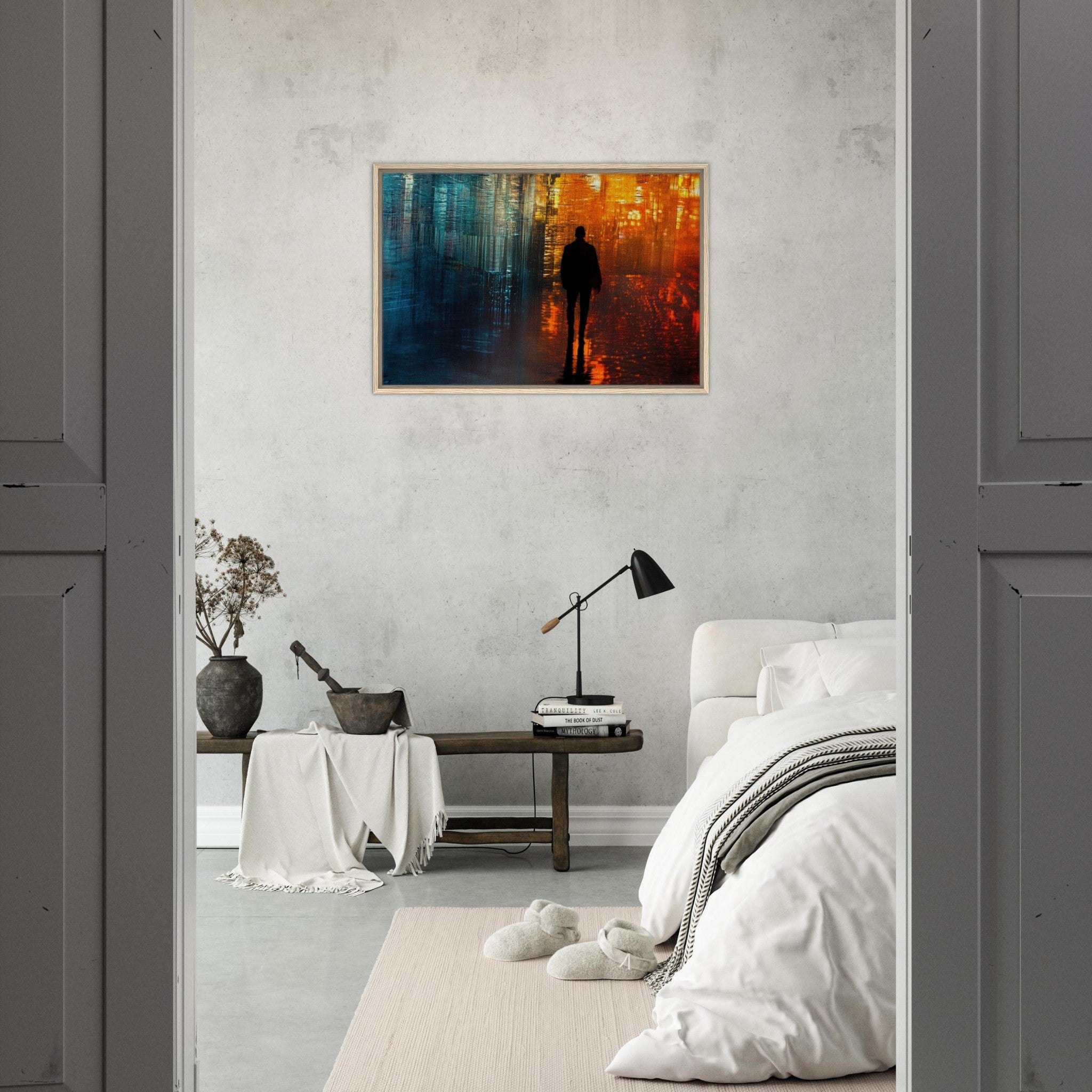 Framed Canvas Landscape - A lonely figure walks the rain - drenched streets - Shop Ai Art WebShop - Digital Art online Store