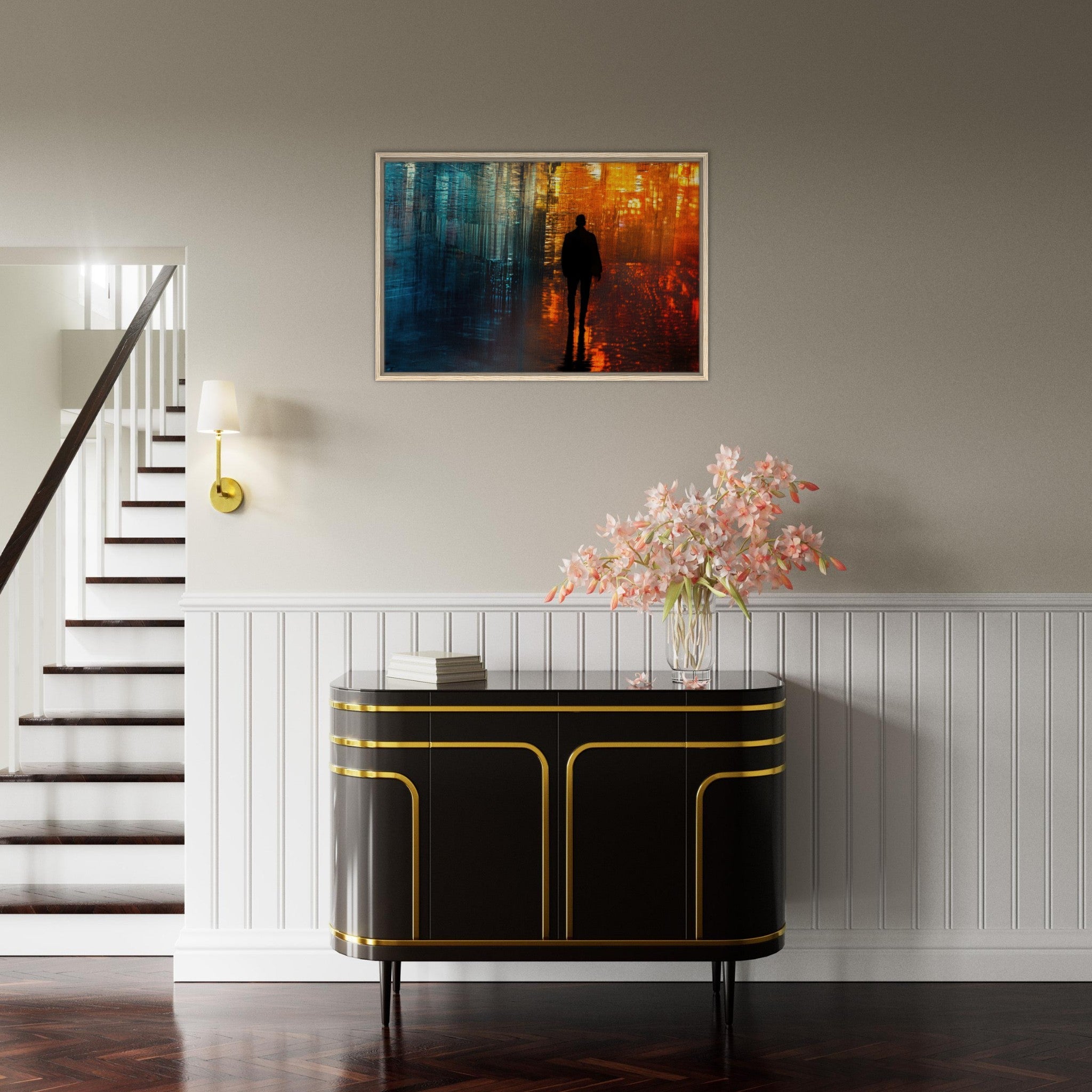 Framed Canvas Landscape - A lonely figure walks the rain - drenched streets - Shop Ai Art WebShop - Digital Art online Store