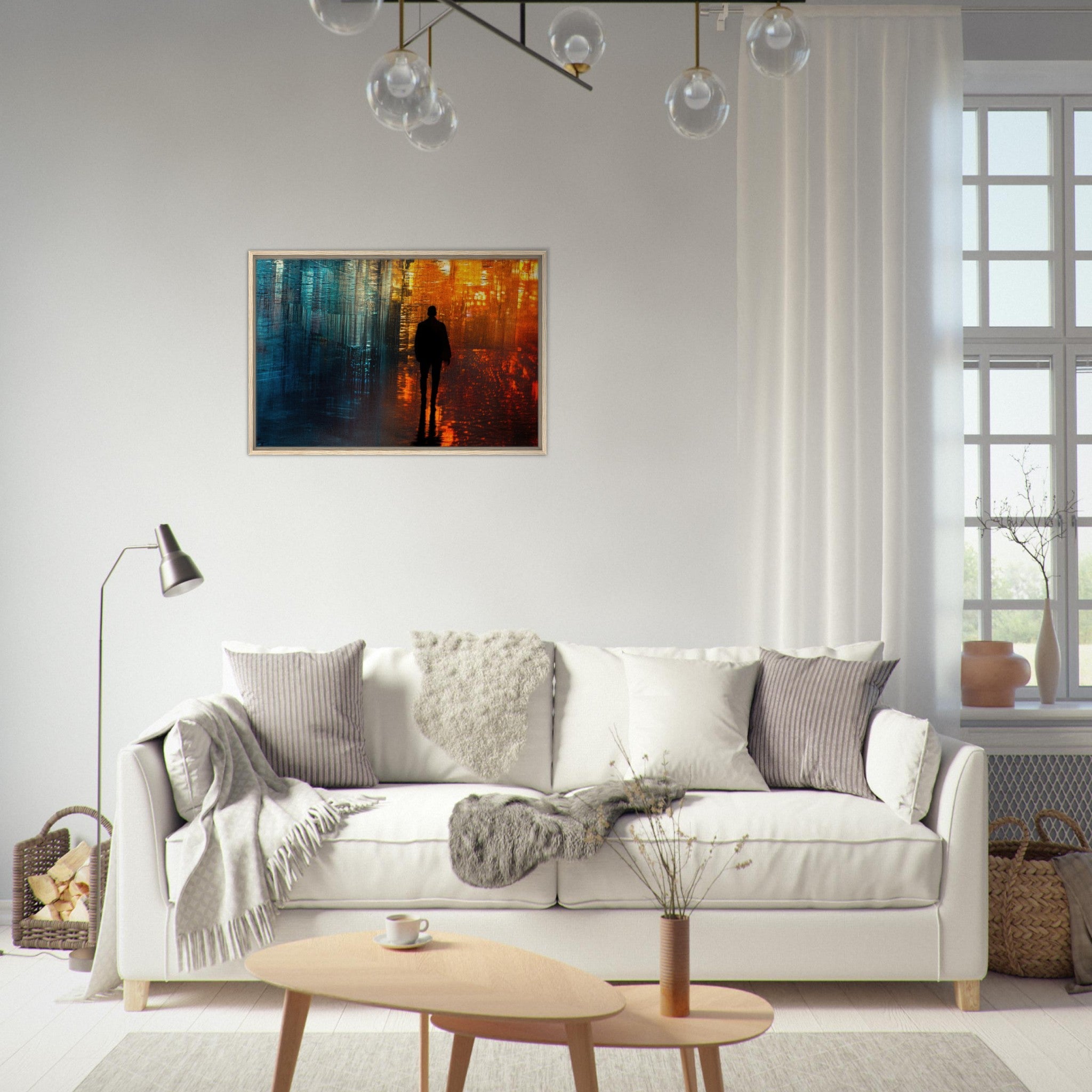 Framed Canvas Landscape - A lonely figure walks the rain - drenched streets - Shop Ai Art WebShop - Digital Art online Store