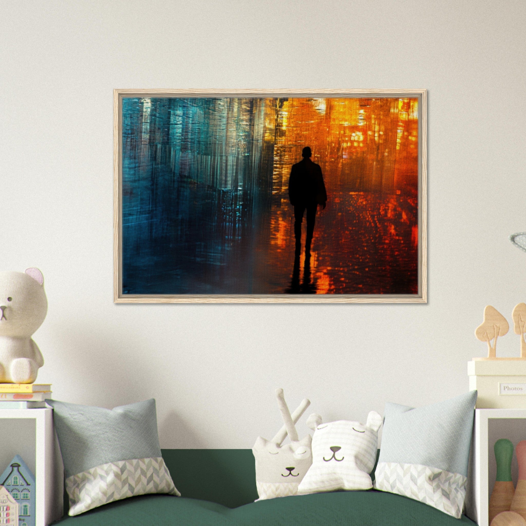 Framed Canvas Landscape - A lonely figure walks the rain - drenched streets - Shop Ai Art WebShop - Digital Art online Store