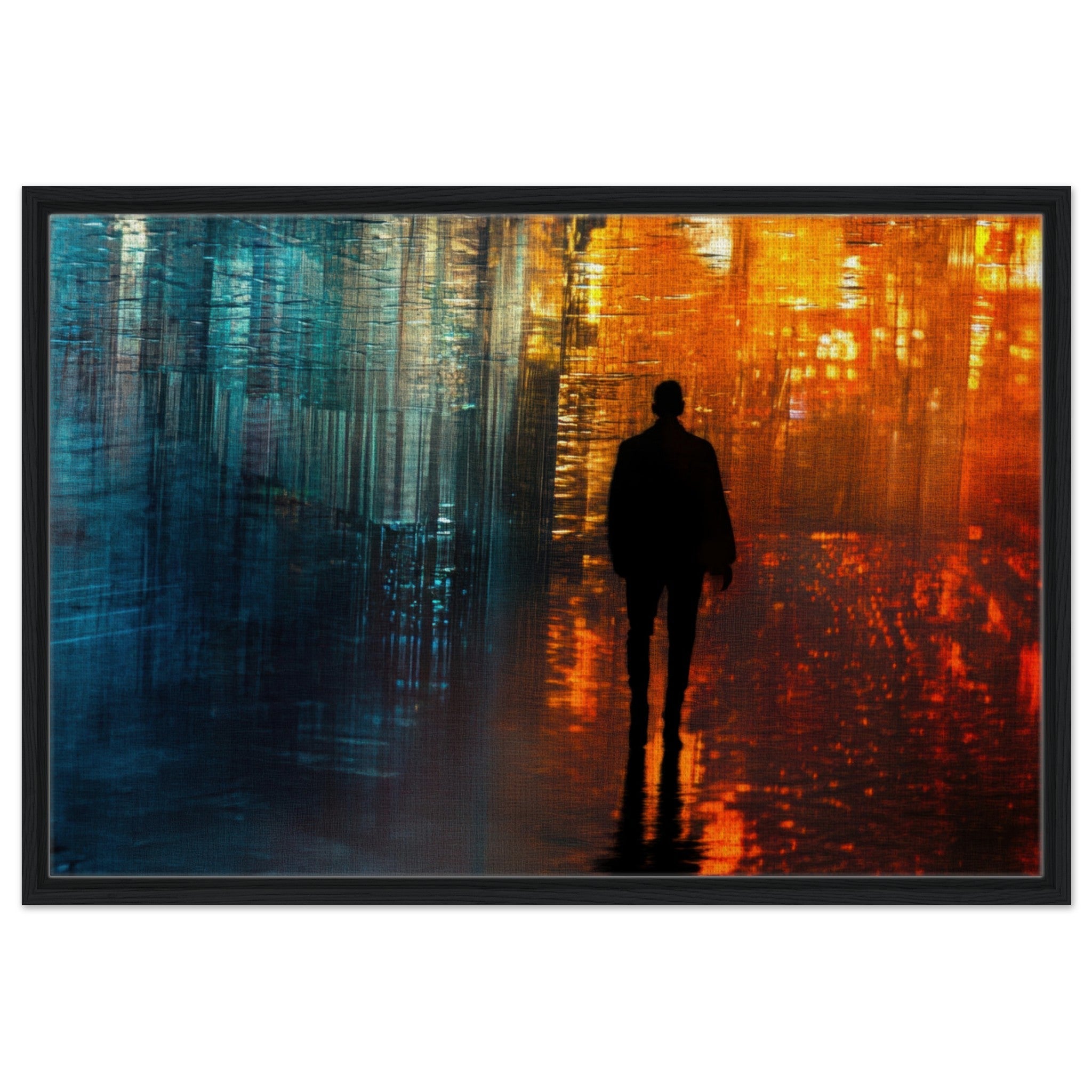Framed Canvas Landscape - A lonely figure walks the rain - drenched streets - Shop Ai Art WebShop - Digital Art online Store