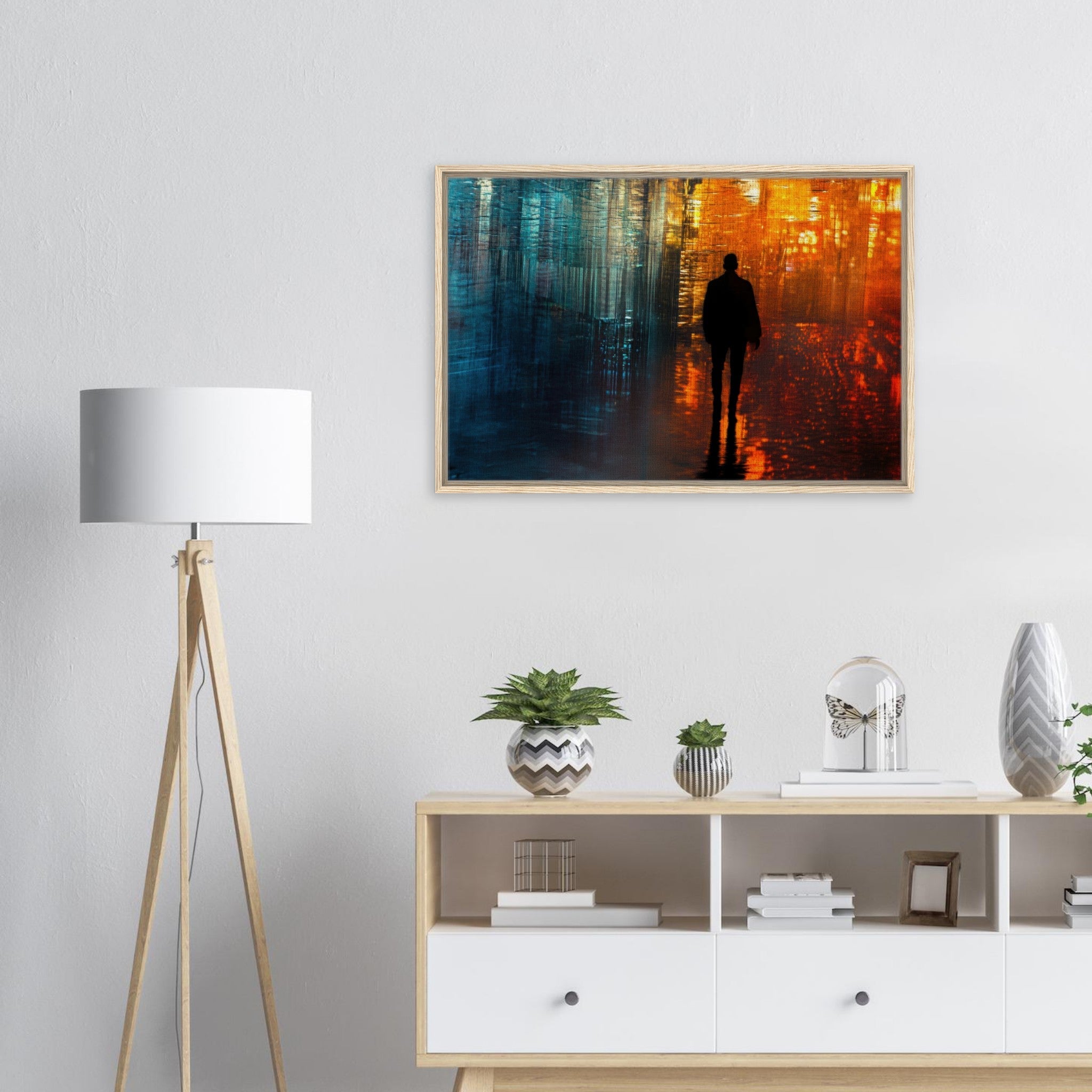 Framed Canvas Landscape - A lonely figure walks the rain - drenched streets - Shop Ai Art WebShop - Digital Art online Store