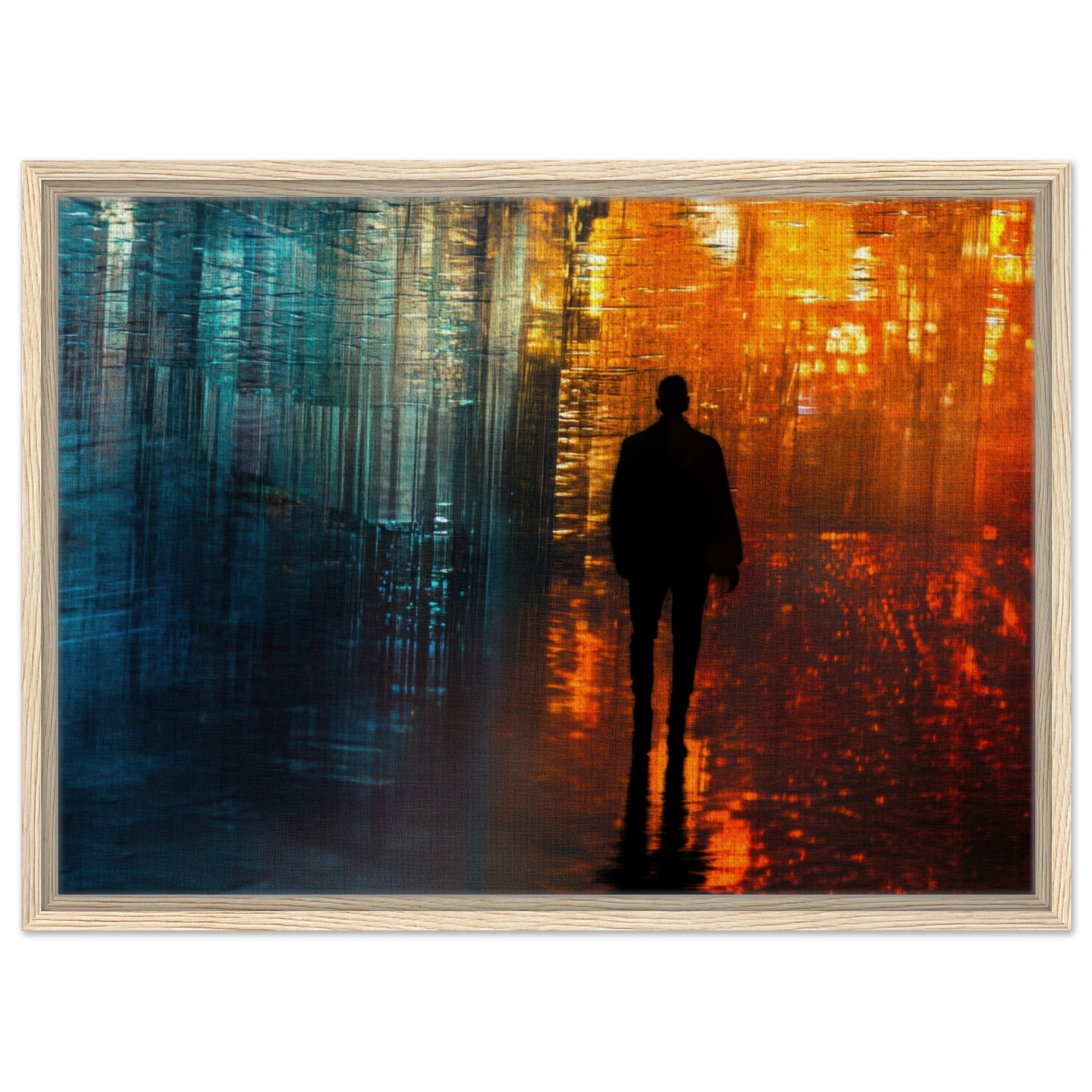 Framed Canvas Landscape - A lonely figure walks the rain - drenched streets - Shop Ai Art WebShop - Digital Art online Store