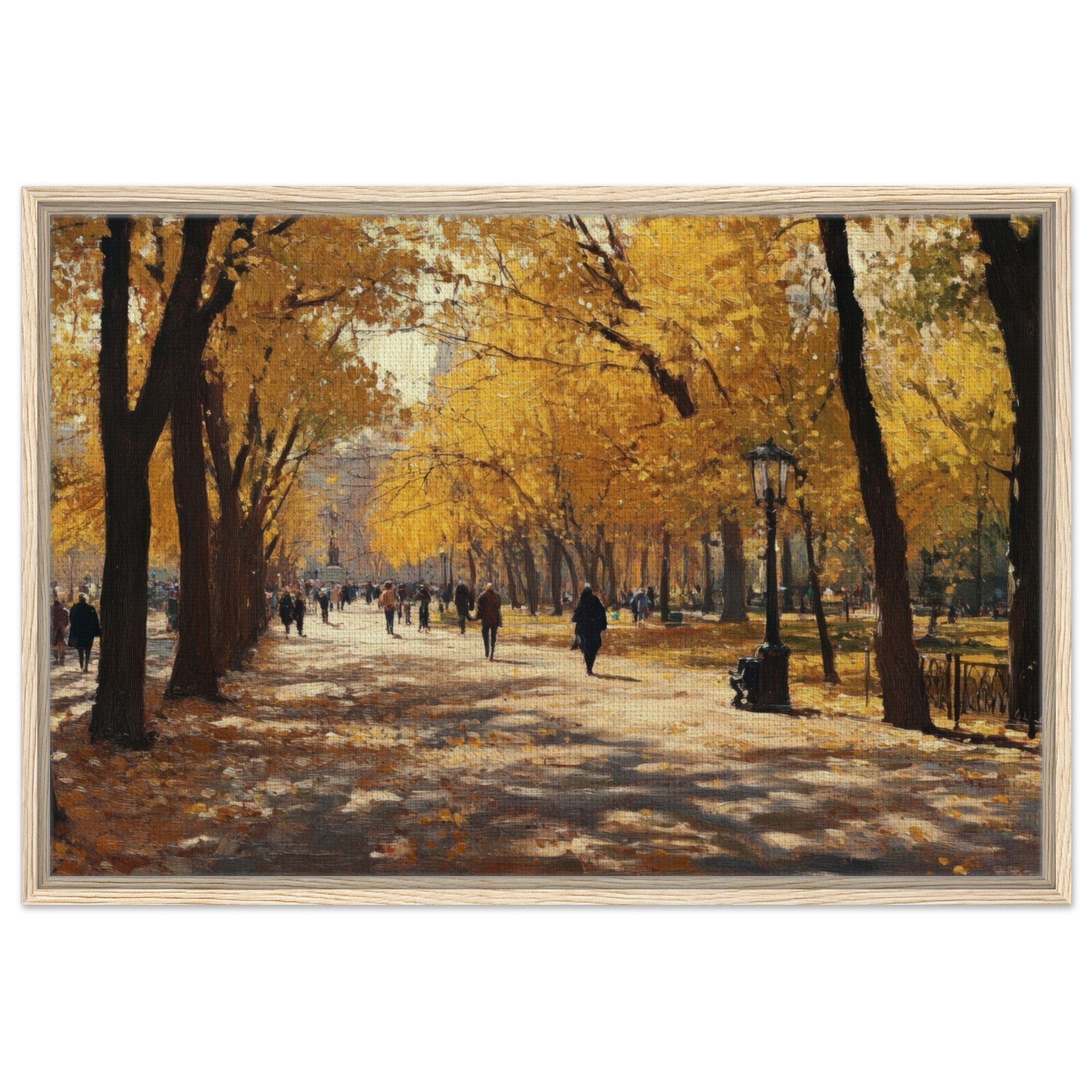 Framed Canvas Landscape - Autumn Park with Strolling Figures A vast park - Shop Ai Art WebShop - Digital Art online Store