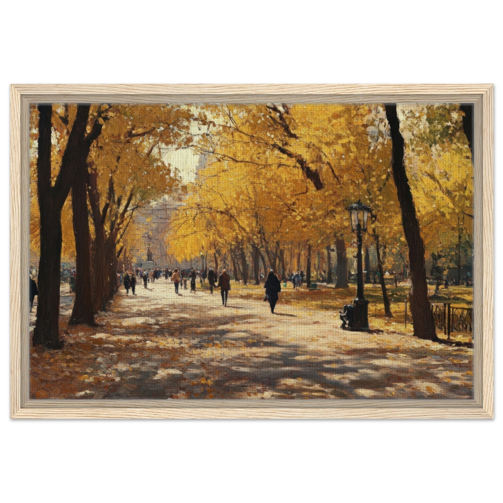 Framed Canvas Landscape - Autumn Park with Strolling Figures A vast park - Shop Ai Art WebShop - Digital Art online Store