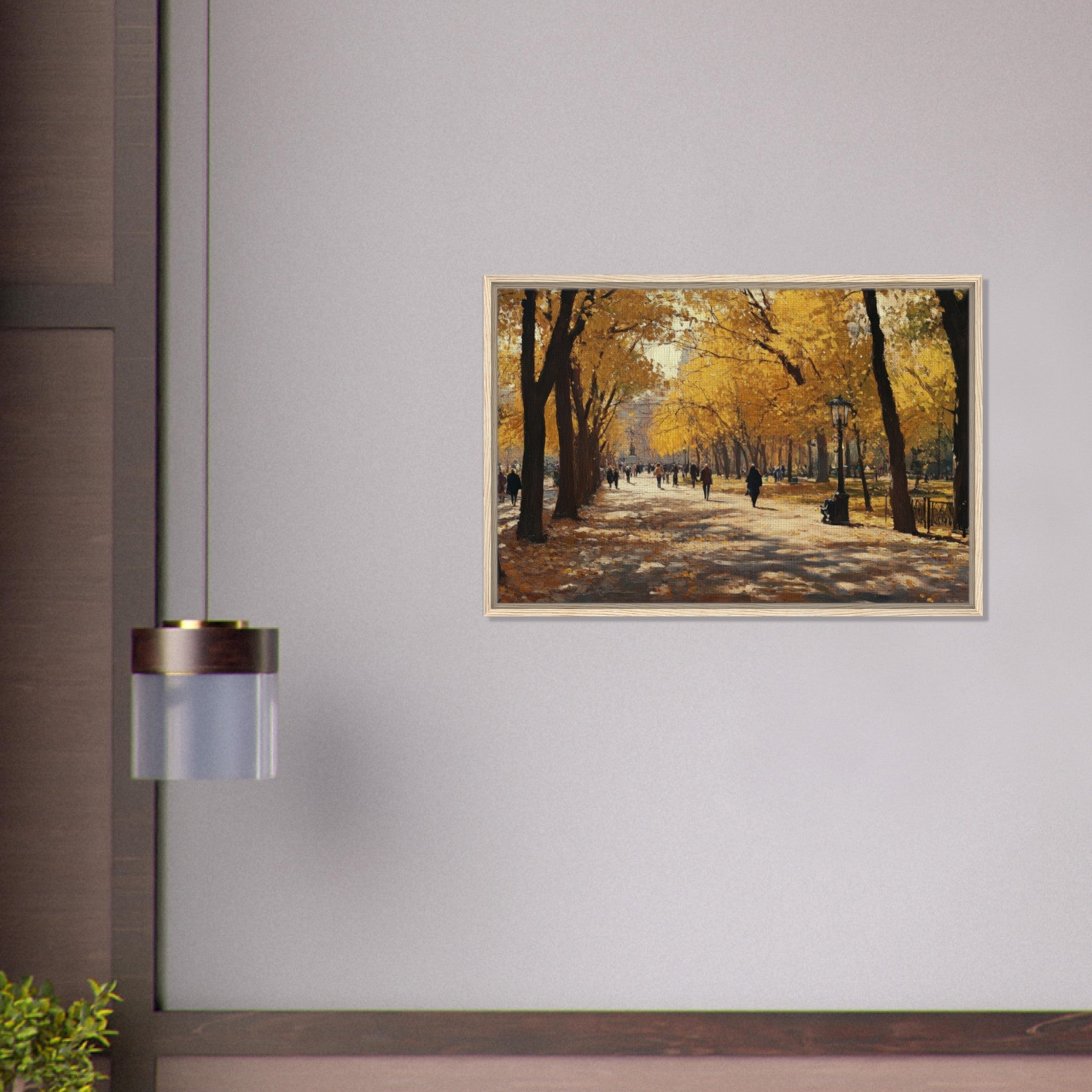 Framed Canvas Landscape - Autumn Park with Strolling Figures A vast park - Shop Ai Art WebShop - Digital Art online Store