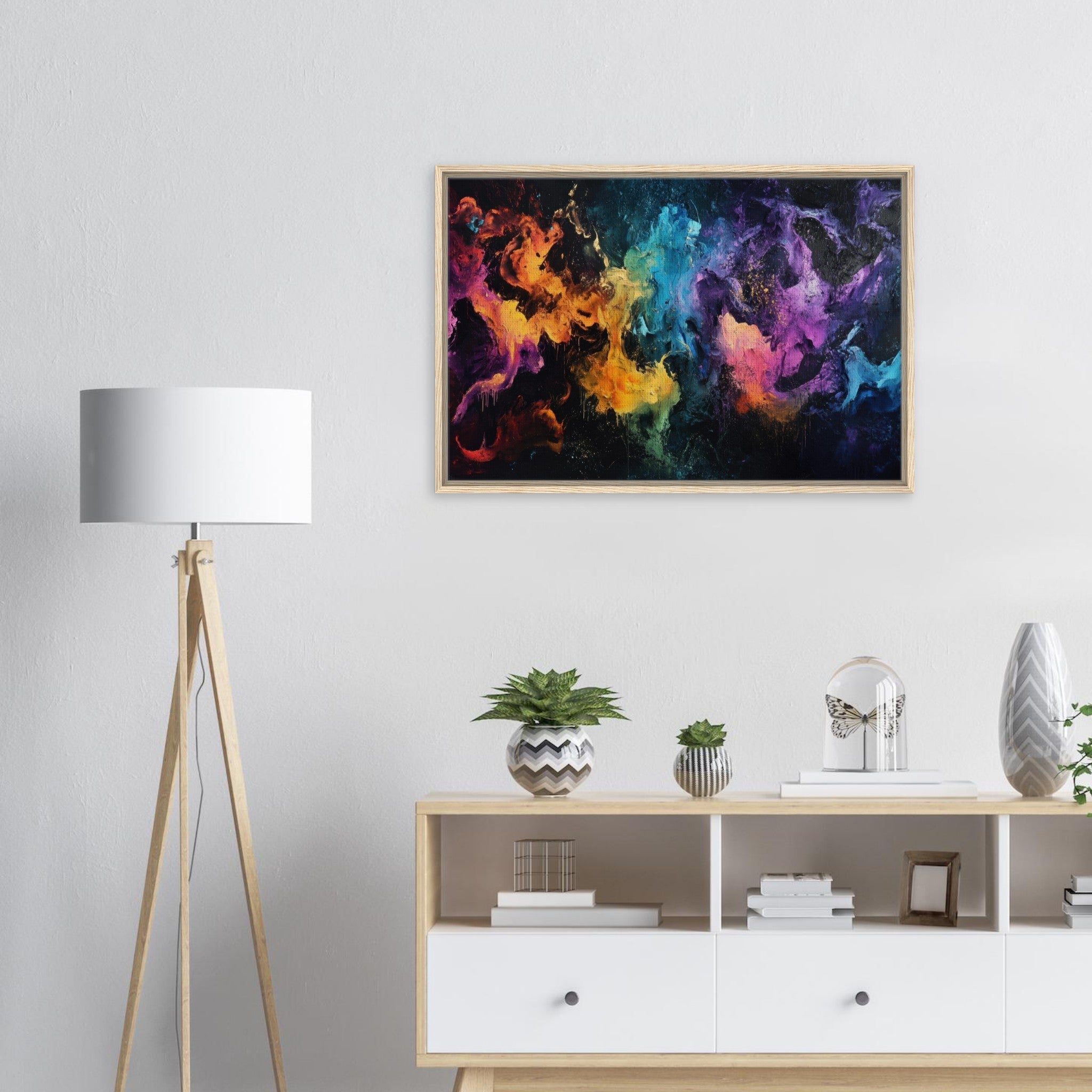 Framed Canvas Landscape - Chromatic Abyss A dark infinite void punctured - Shop Ai Art WebShop - Digital Art online Store