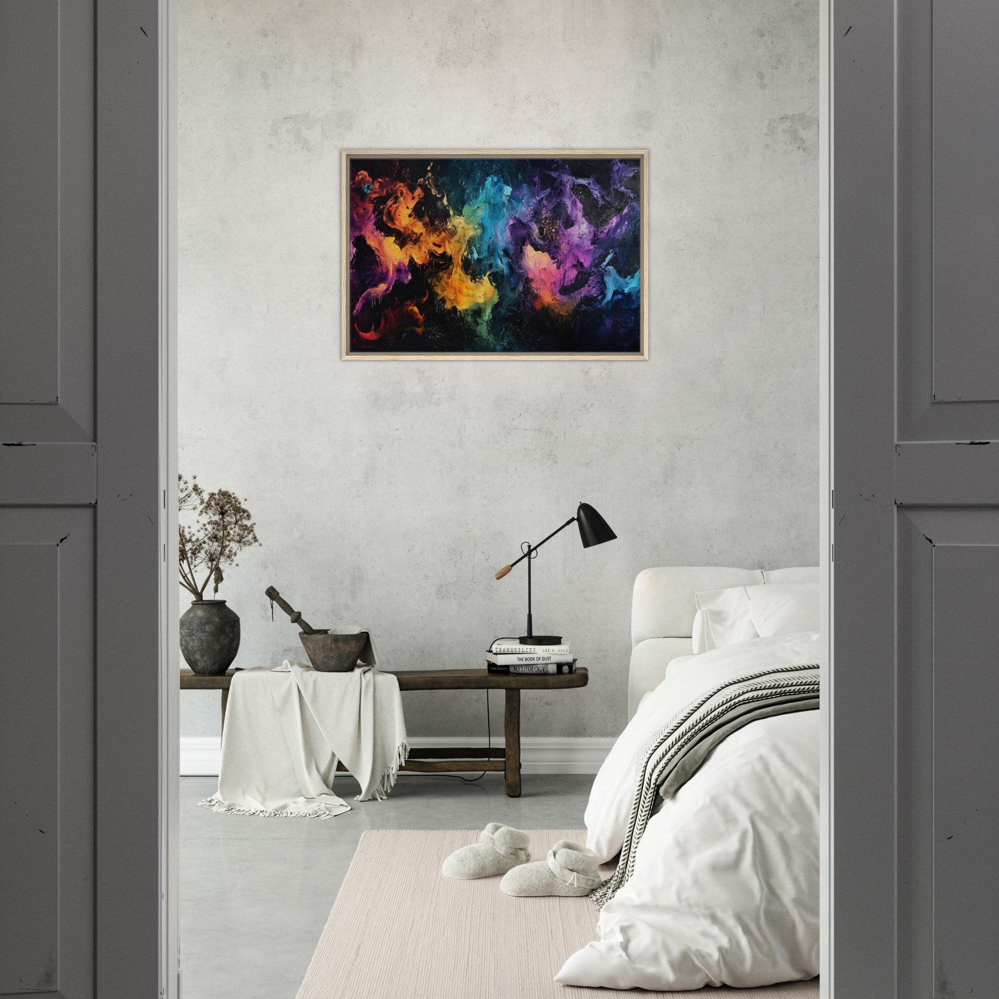 Framed Canvas Landscape - Chromatic Abyss A dark infinite void punctured - Shop Ai Art WebShop - Digital Art online Store