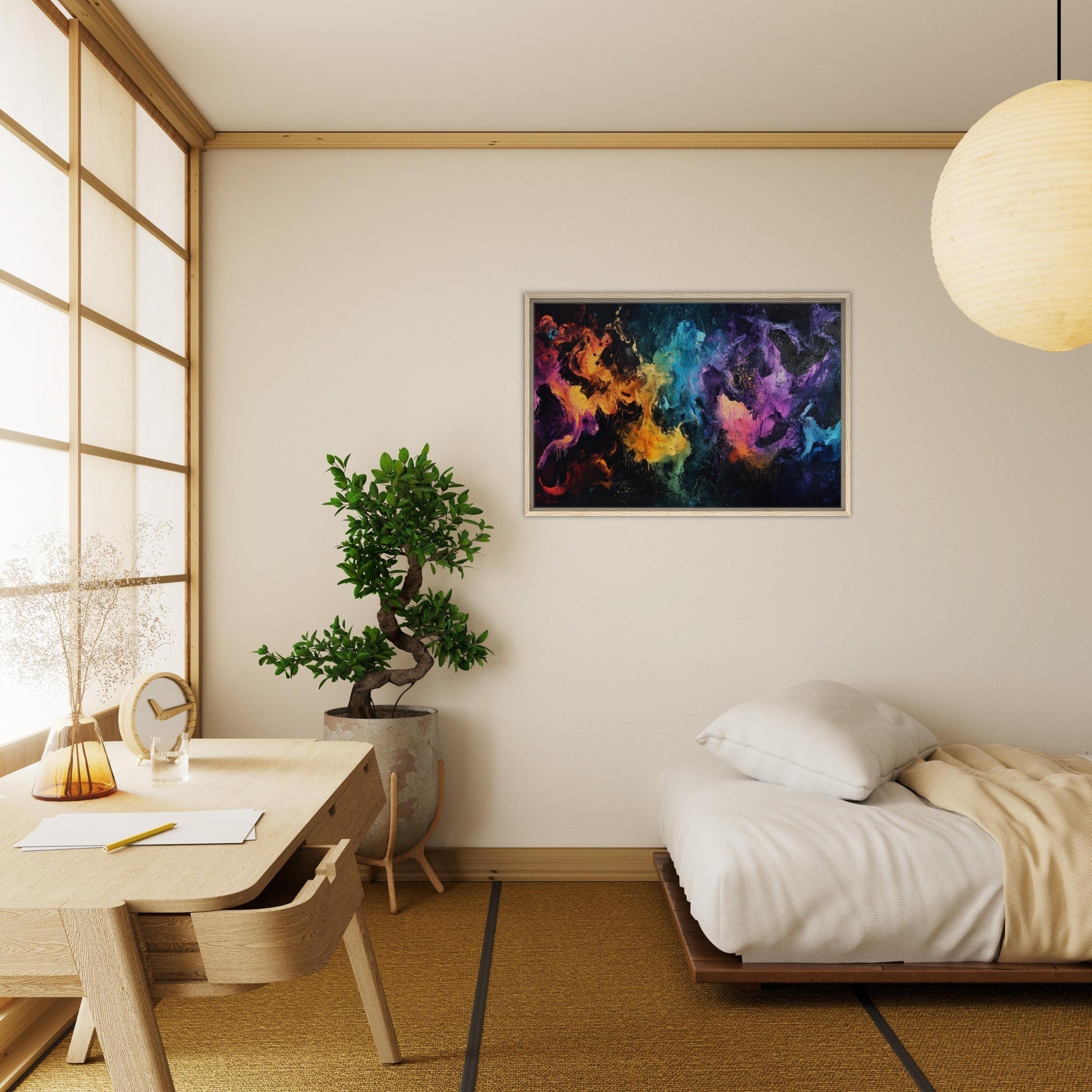 Framed Canvas Landscape - Chromatic Abyss A dark infinite void punctured - Shop Ai Art WebShop - Digital Art online Store