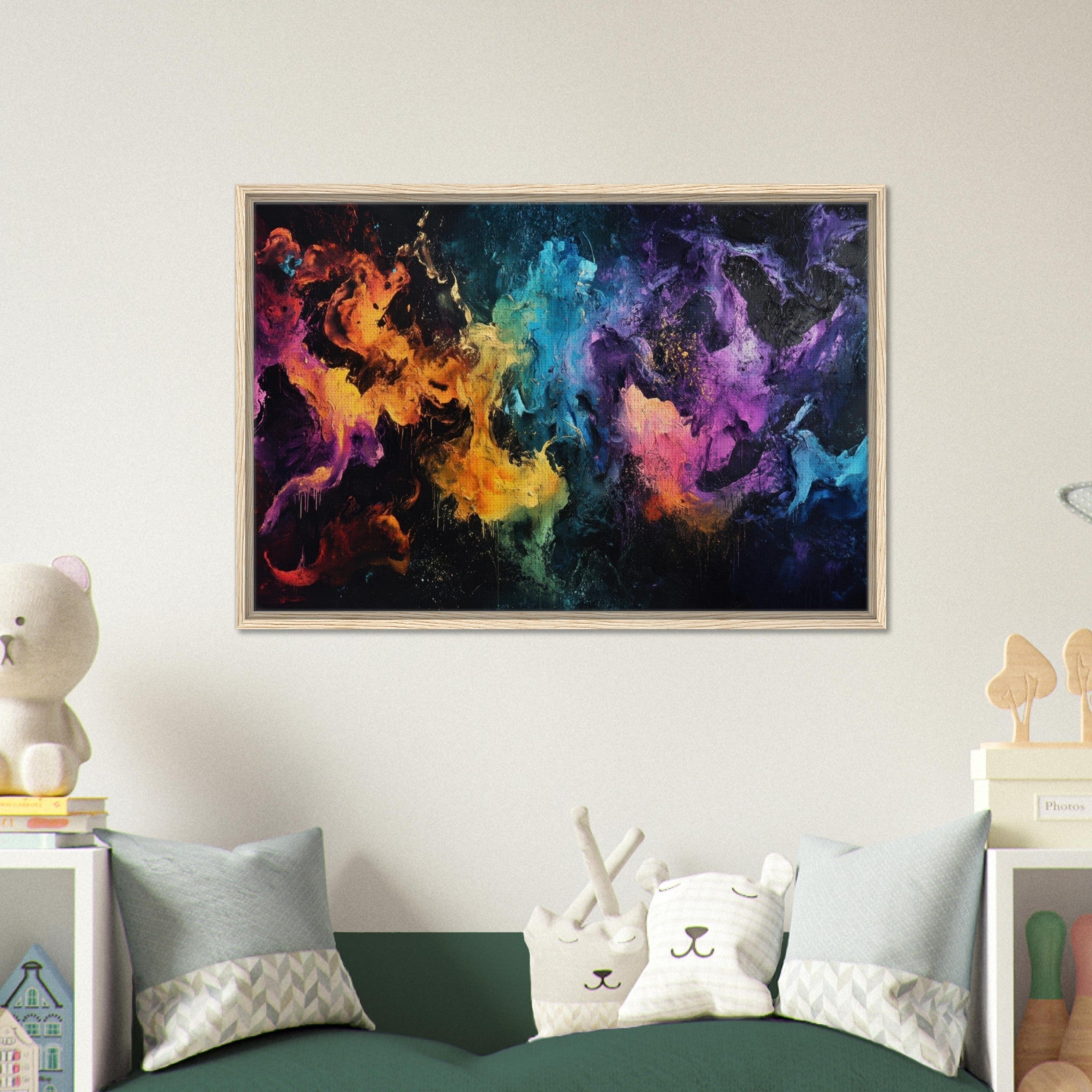 Framed Canvas Landscape - Chromatic Abyss A dark infinite void punctured - Shop Ai Art WebShop - Digital Art online Store