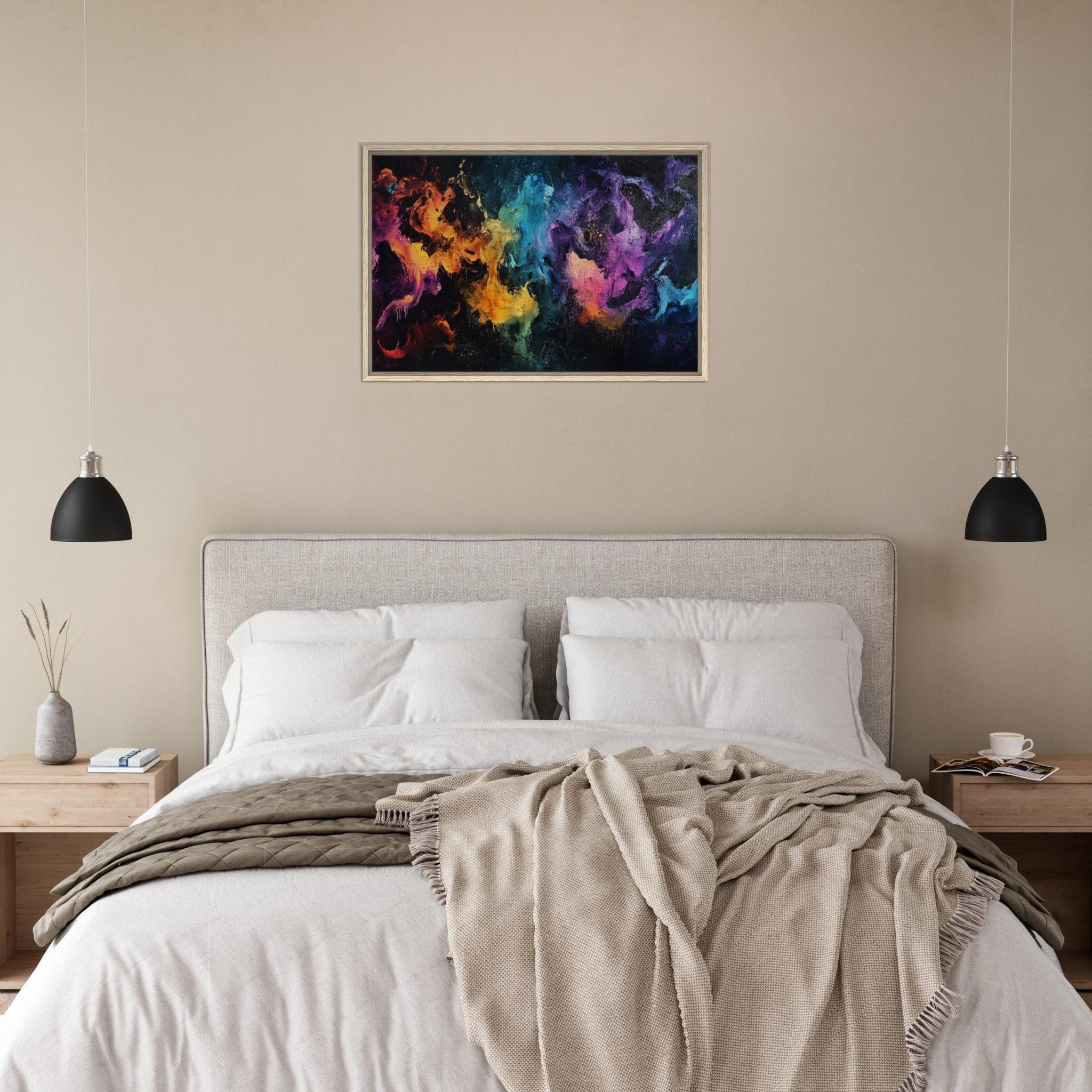 Framed Canvas Landscape - Chromatic Abyss A dark infinite void punctured - Shop Ai Art WebShop - Digital Art online Store