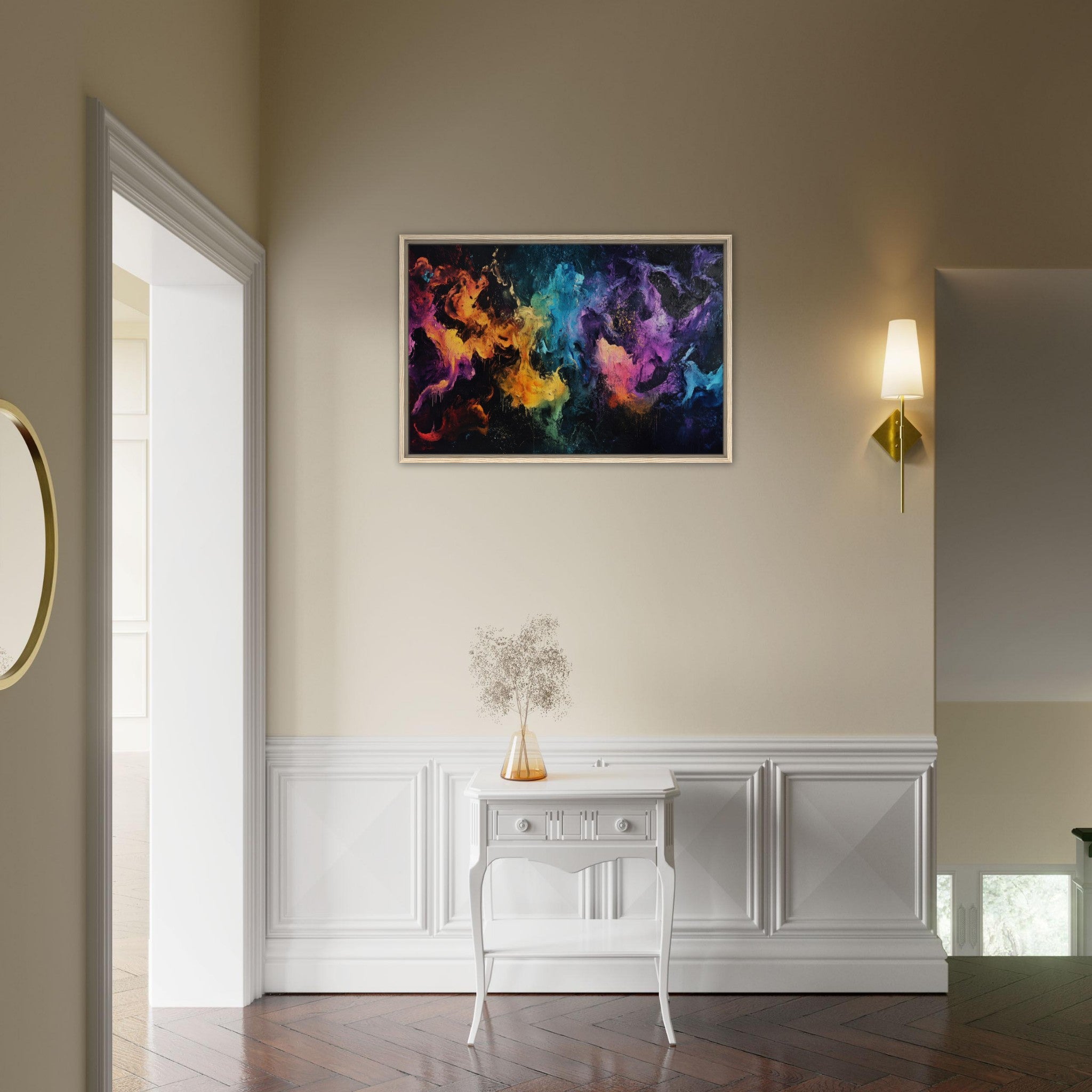 Framed Canvas Landscape - Chromatic Abyss A dark infinite void punctured - Shop Ai Art WebShop - Digital Art online Store