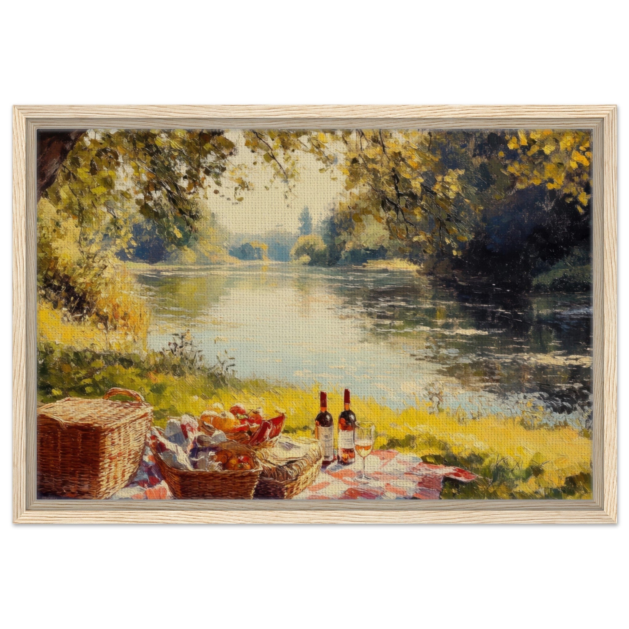Framed Canvas Landscape - Countryside Picnic by a River A lazy afternoon - Shop Ai Art WebShop - Digital Art online Store