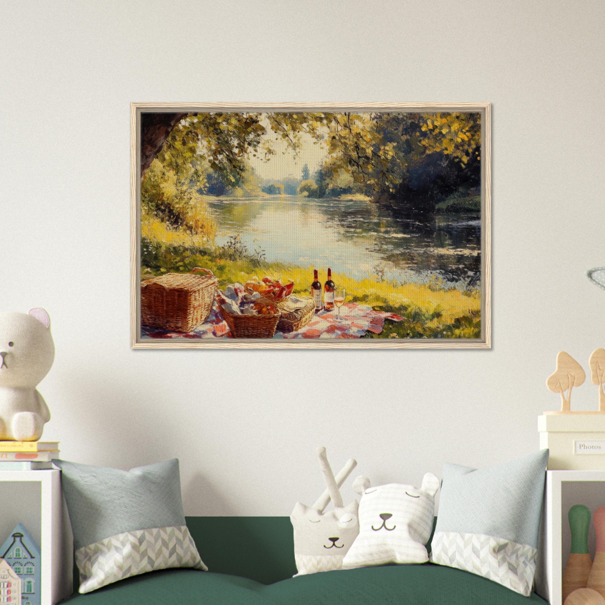 Framed Canvas Landscape - Countryside Picnic by a River A lazy afternoon - Shop Ai Art WebShop - Digital Art online Store