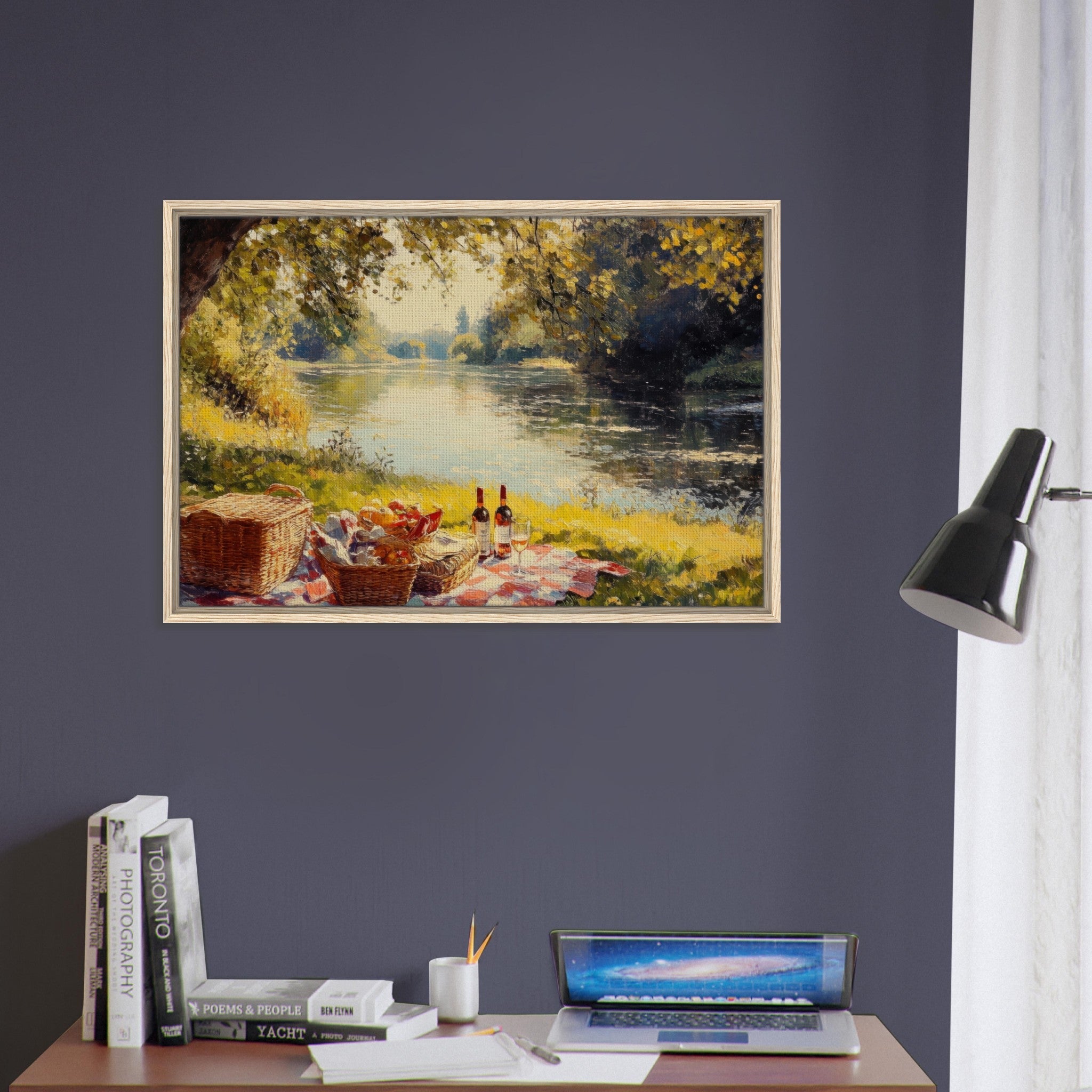 Framed Canvas Landscape - Countryside Picnic by a River A lazy afternoon - Shop Ai Art WebShop - Digital Art online Store