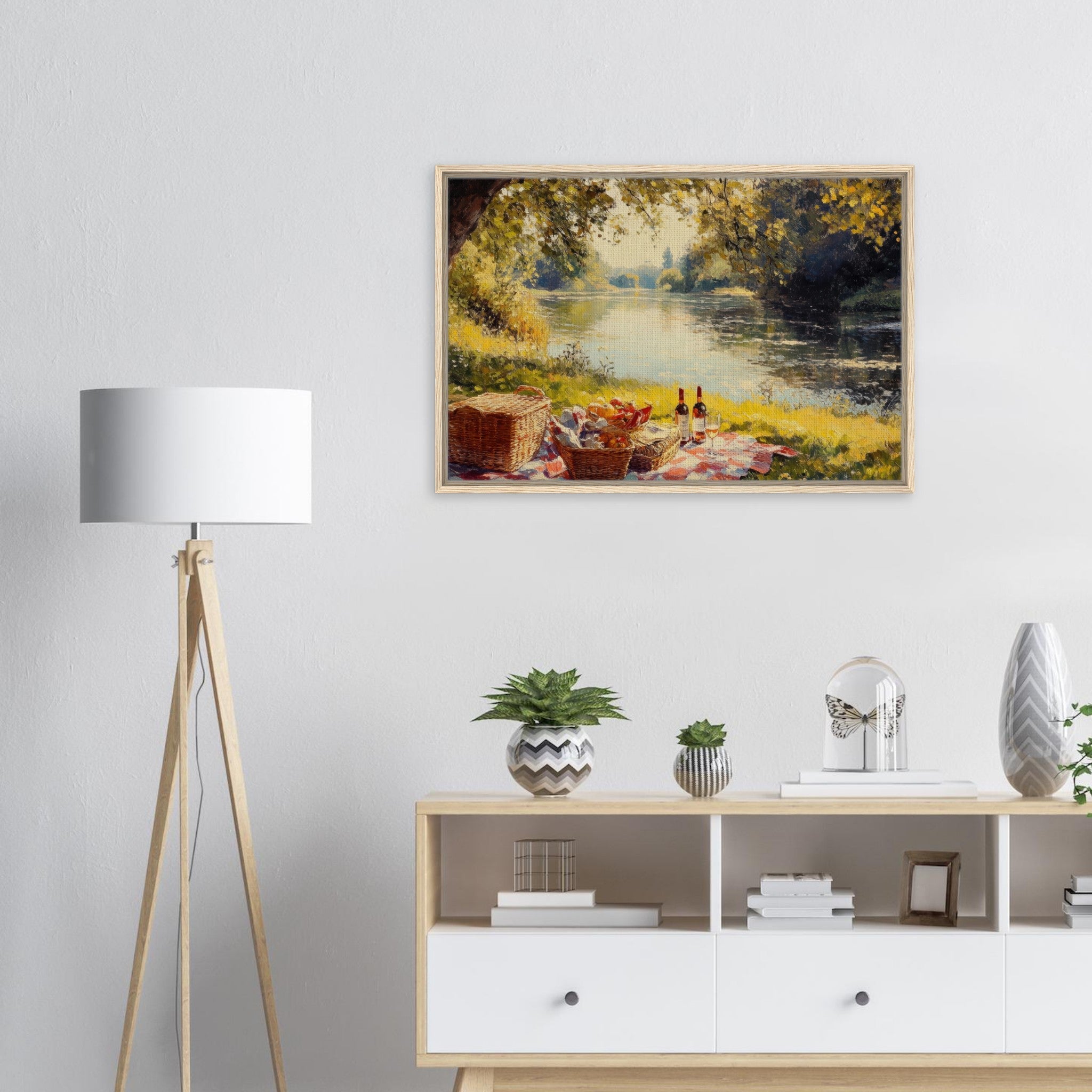 Framed Canvas Landscape - Countryside Picnic by a River A lazy afternoon - Shop Ai Art WebShop - Digital Art online Store