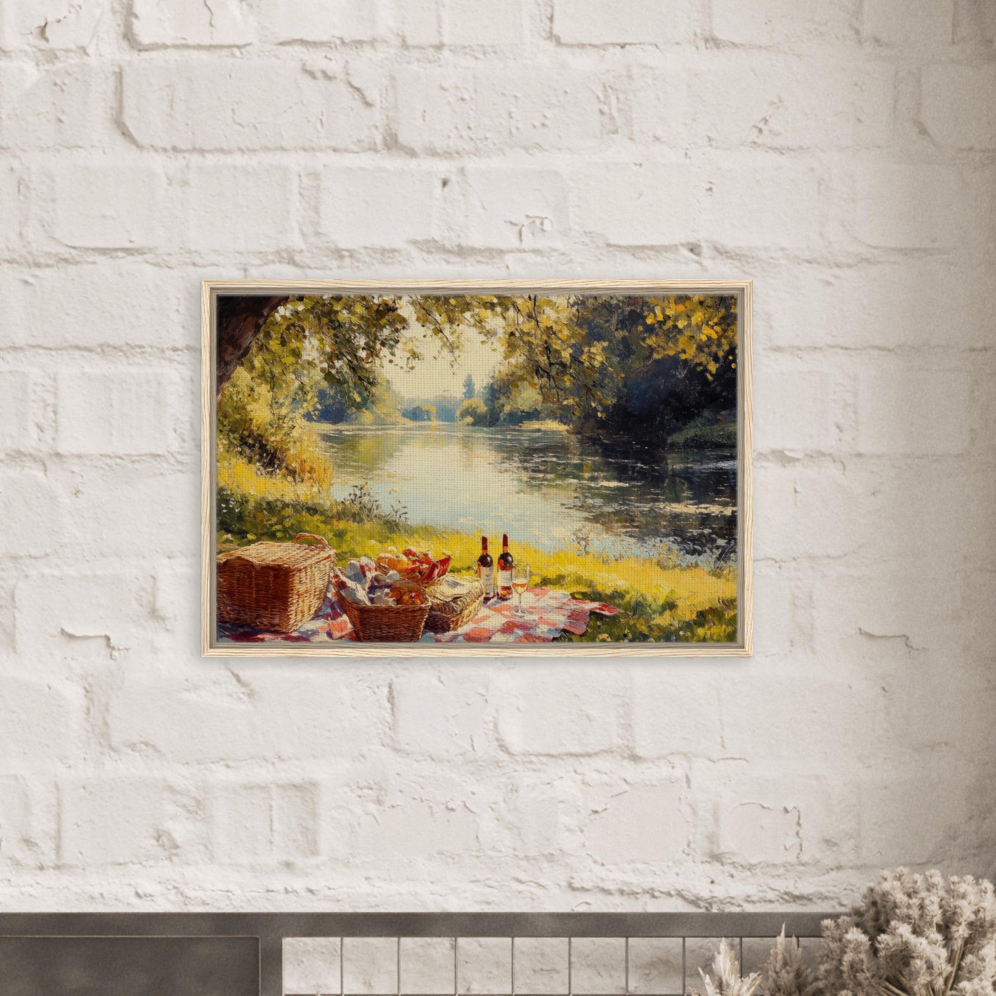 Framed Canvas Landscape - Countryside Picnic by a River A lazy afternoon - Shop Ai Art WebShop - Digital Art online Store