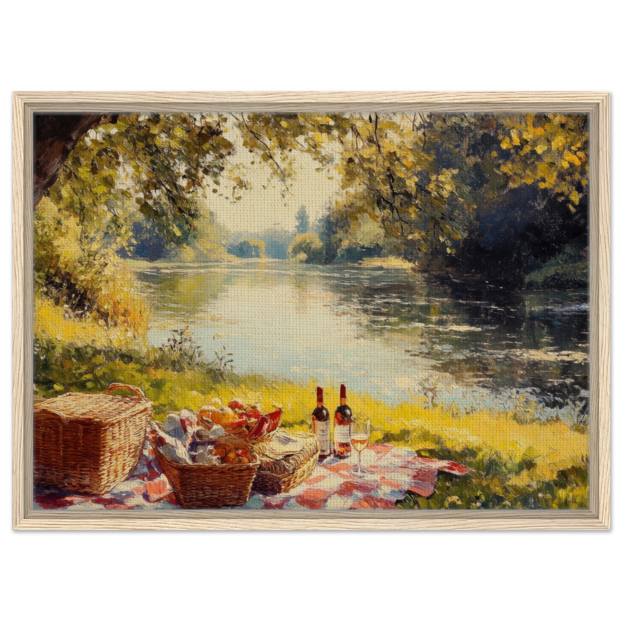 Framed Canvas Landscape - Countryside Picnic by a River A lazy afternoon - Shop Ai Art WebShop - Digital Art online Store