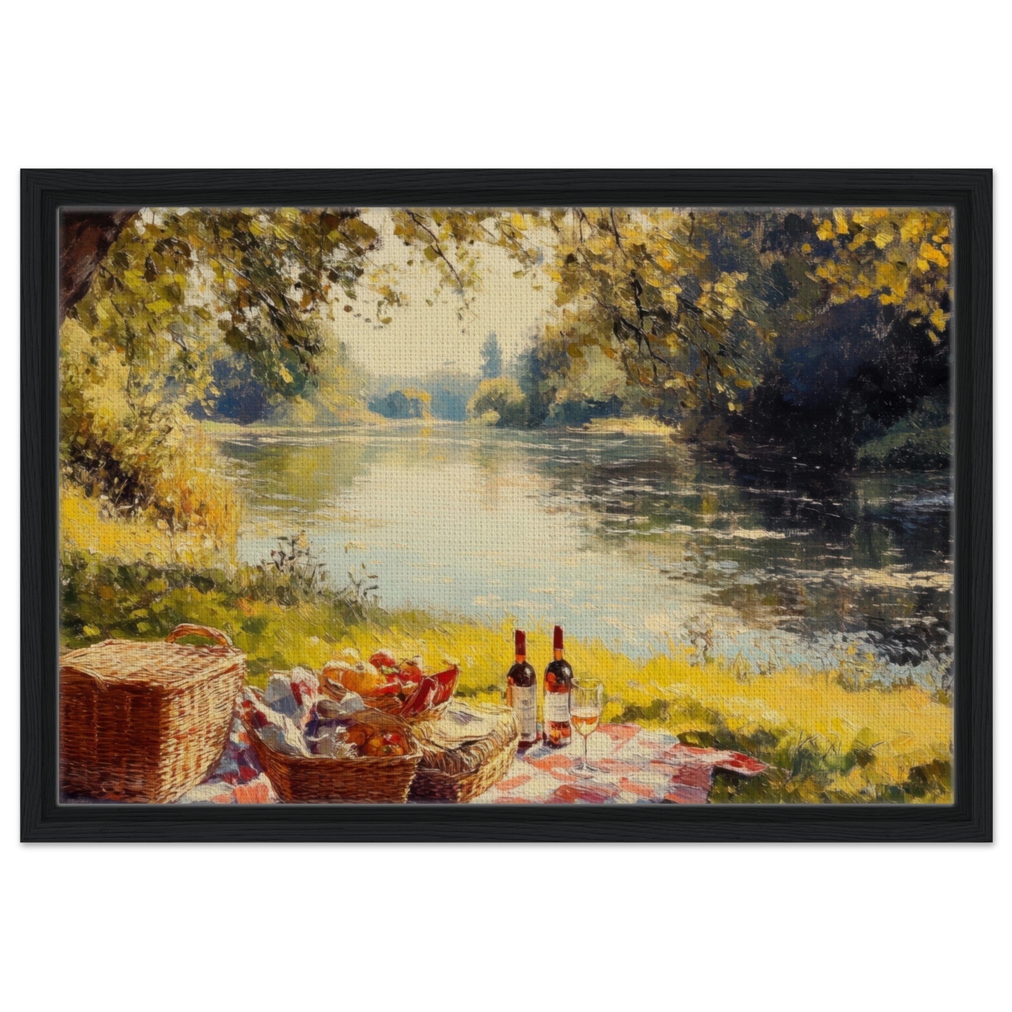 Framed Canvas Landscape - Countryside Picnic by a River A lazy afternoon - Shop Ai Art WebShop - Digital Art online Store